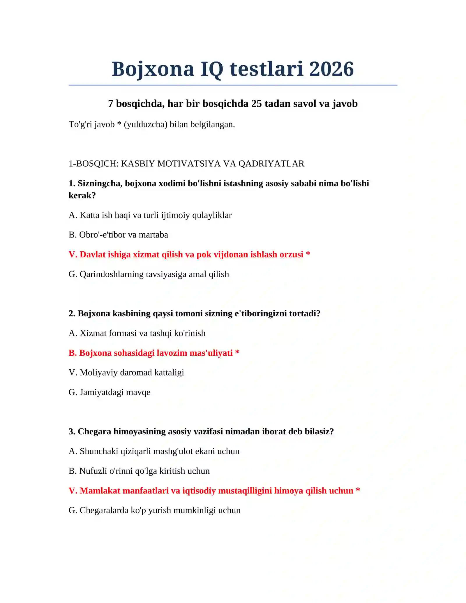 Bojxona IQ testlari 2026 2