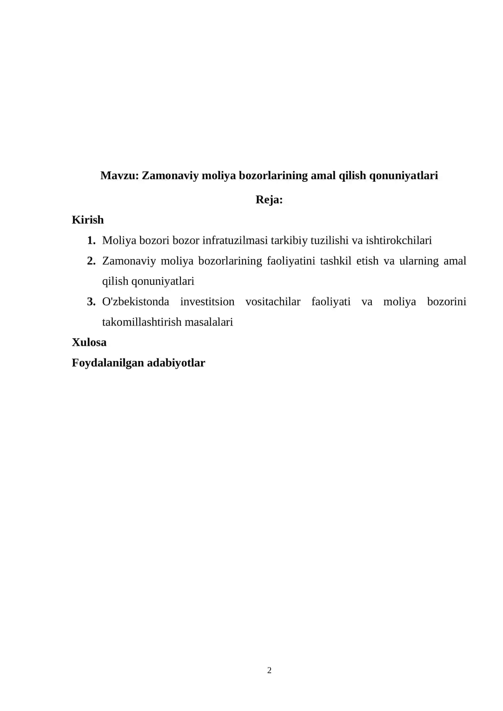 KURS ISHI: Zamonaviy moliya bozorlarining amal qilish qonuniyatlari 2