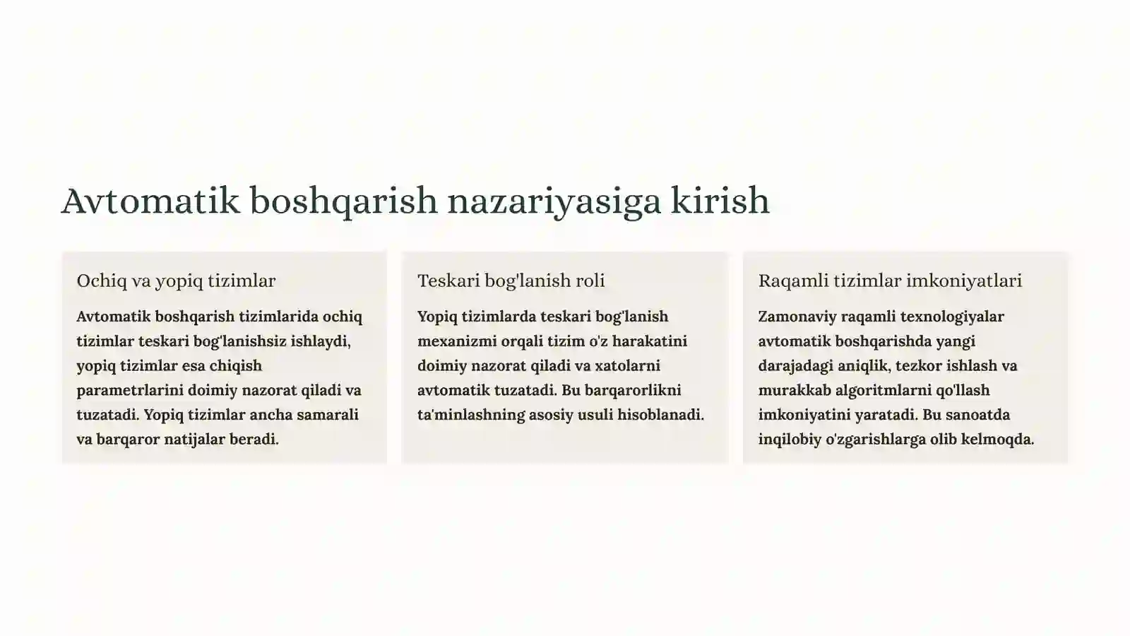 Diskret (Raqamli) Tizimlarning Xususiyatlari 2