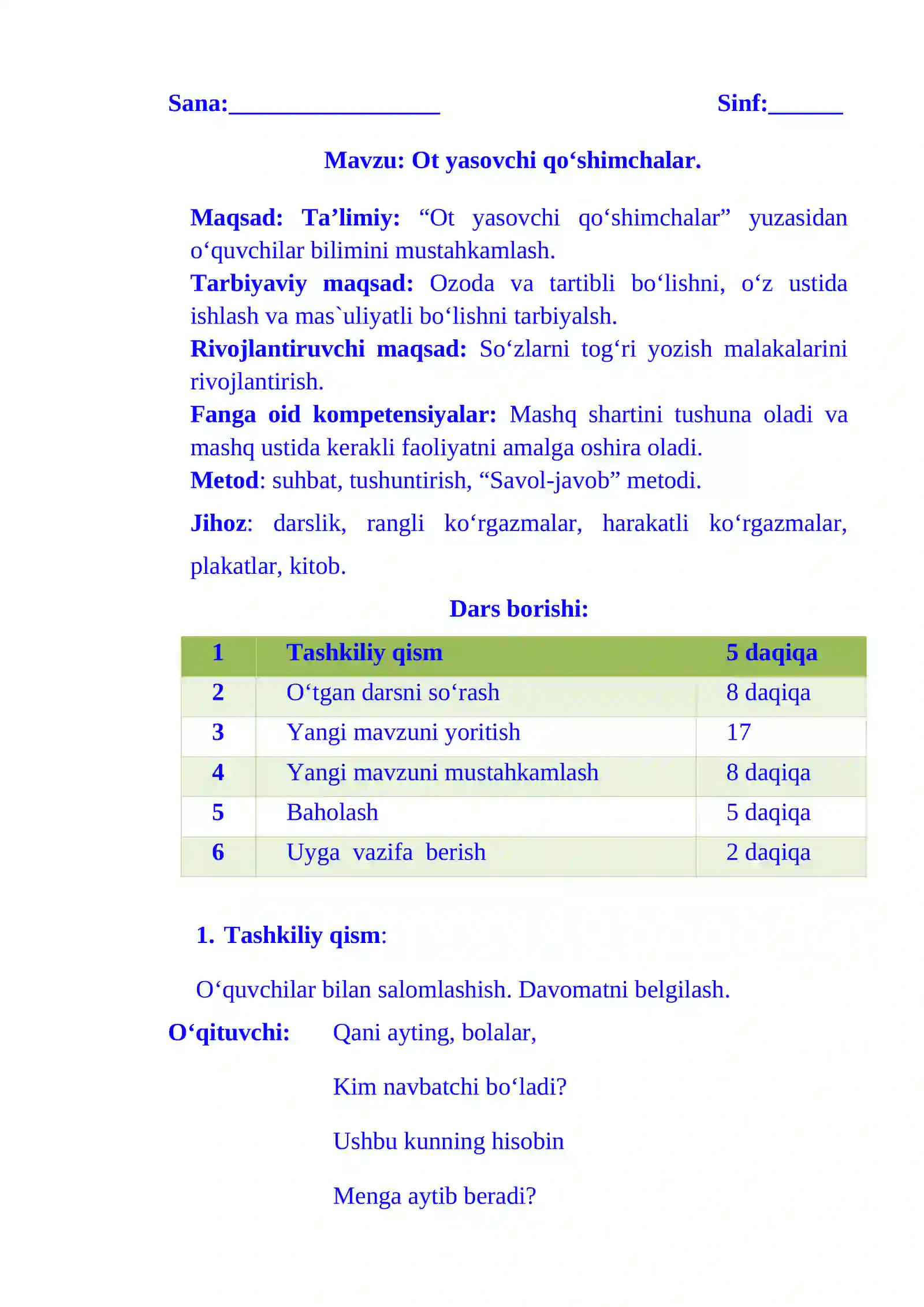 4-sinf Ona tili fanidan Ot yasovchi qo'shimchalar 2-chorak dars ishlanmasi 2