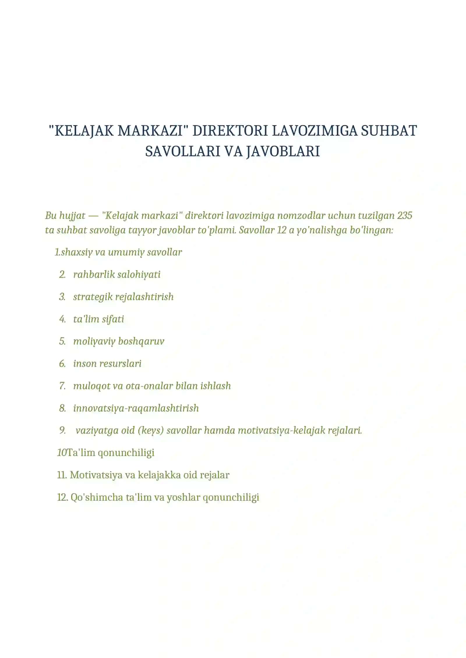 Kelajak markazi direktori suhbat savollari 2