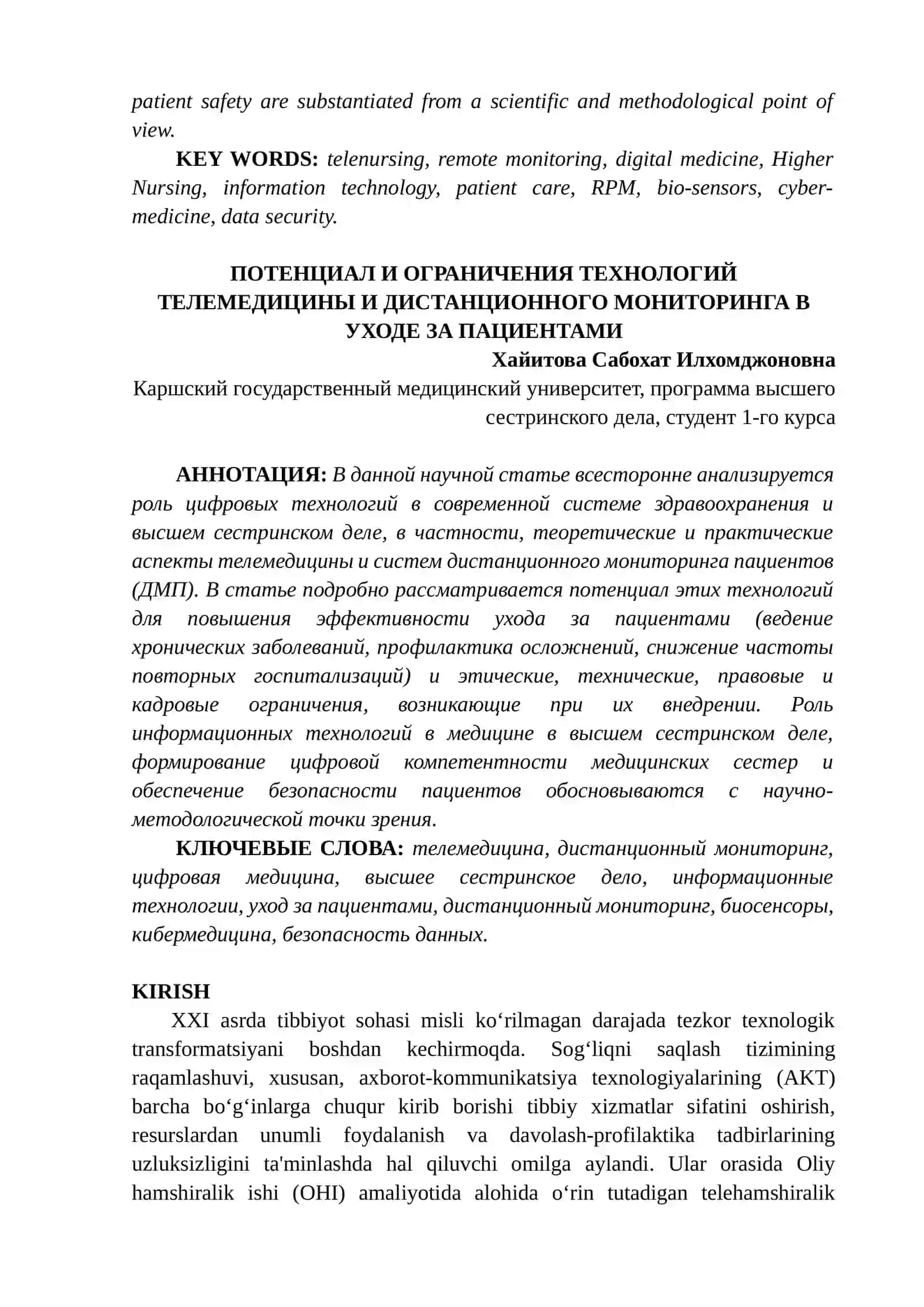 TELEHAMSHIRALIK VA MASOFAVIY MONITORING TEXNOLOGIYALARINING BEMOR PARVARISHIDAGI IMKONIYATLARI VA CHEKLOVLARI 2