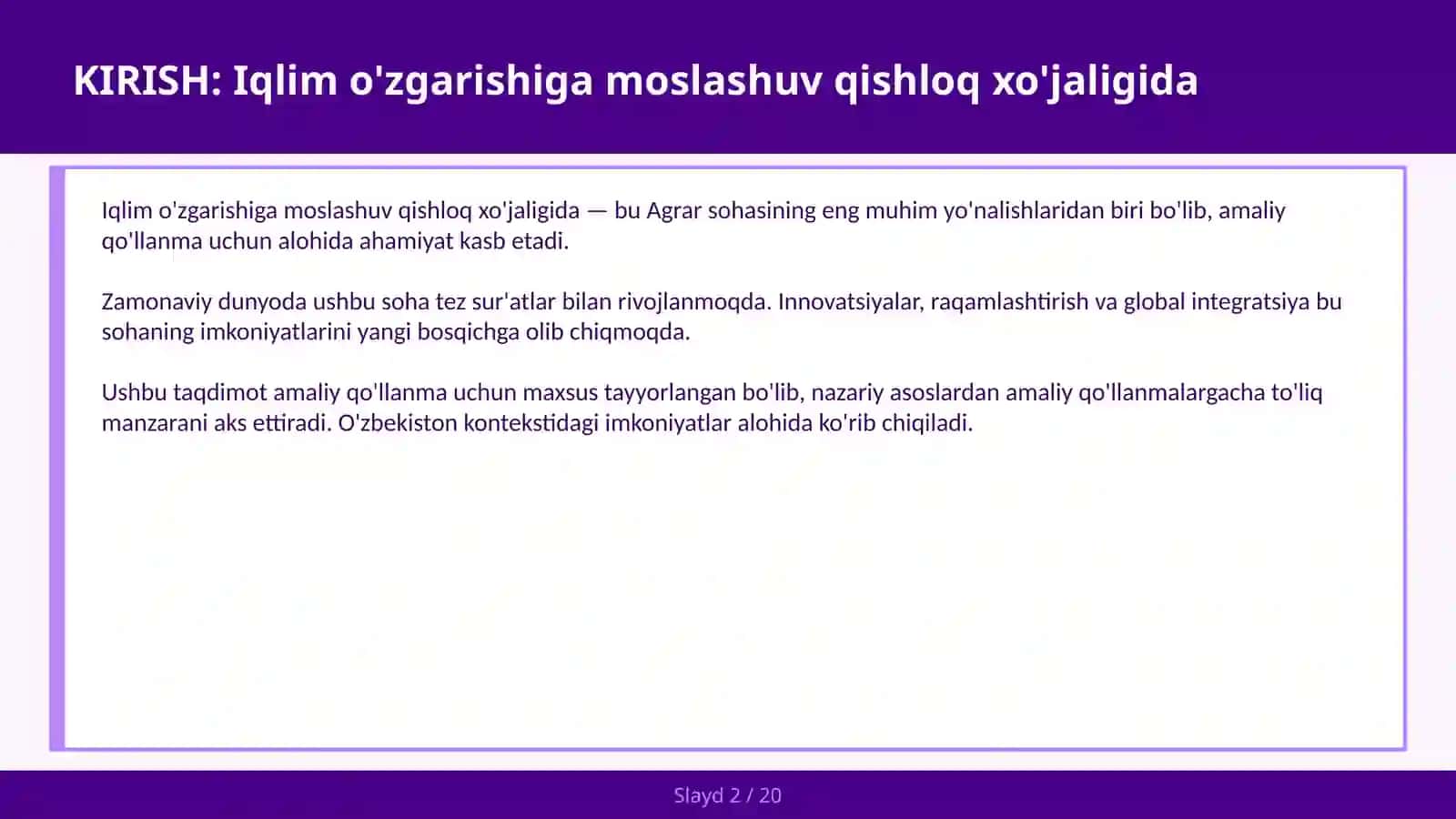 IQLIM O'ZGARISHIGA MOSLASHUV QISHLOQ XO'JALIGIDA 2