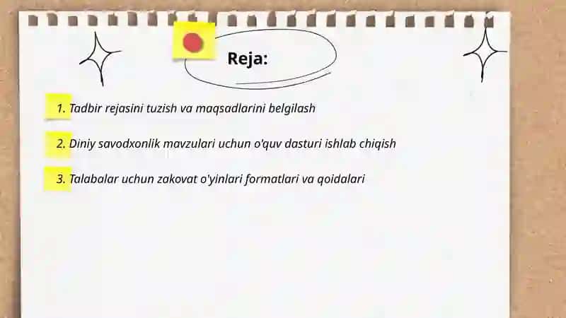 Diniy savodxonlik bo'yicha suhbatlar zakovat o'yinlari va boshqa ma'rifiy tadbirlar tashkil etish 2