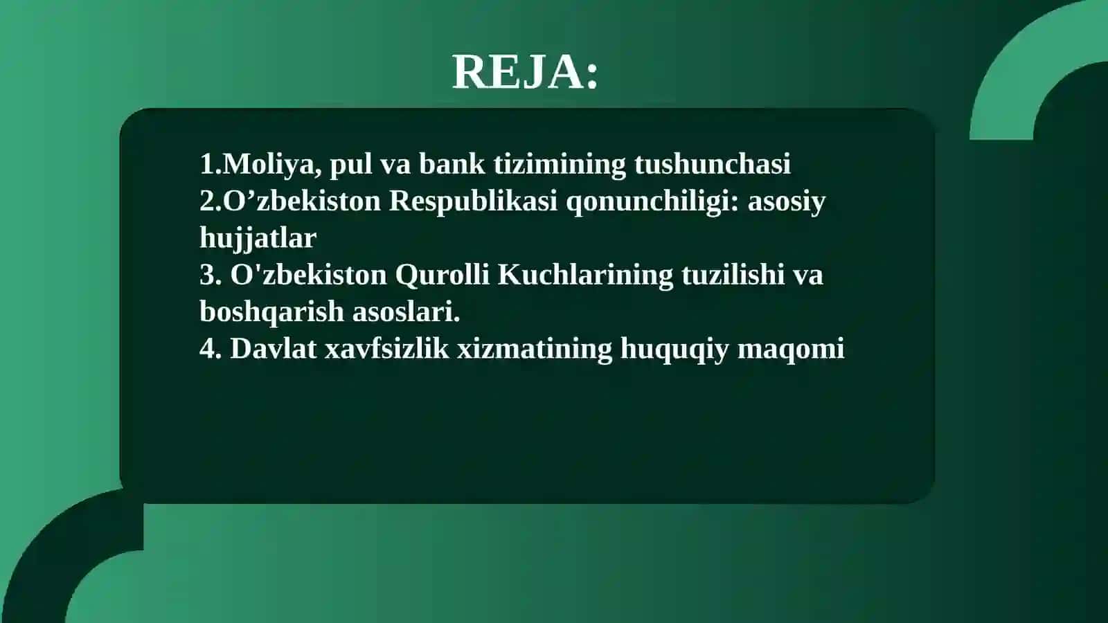 Moliya, pul va bank tizimining, shuningdek  mudofaa va xavfsizlikning konstitutsiyaviy asoslari. Konstitutsiyani o‘zgartirish tartibi.Moliya, pul va bank tizimining, shuningdek  mudofaa va xavfsizlikning konstitutsiyaviy asoslari. Konstitutsiyani o‘zgartirish tartibi. 2