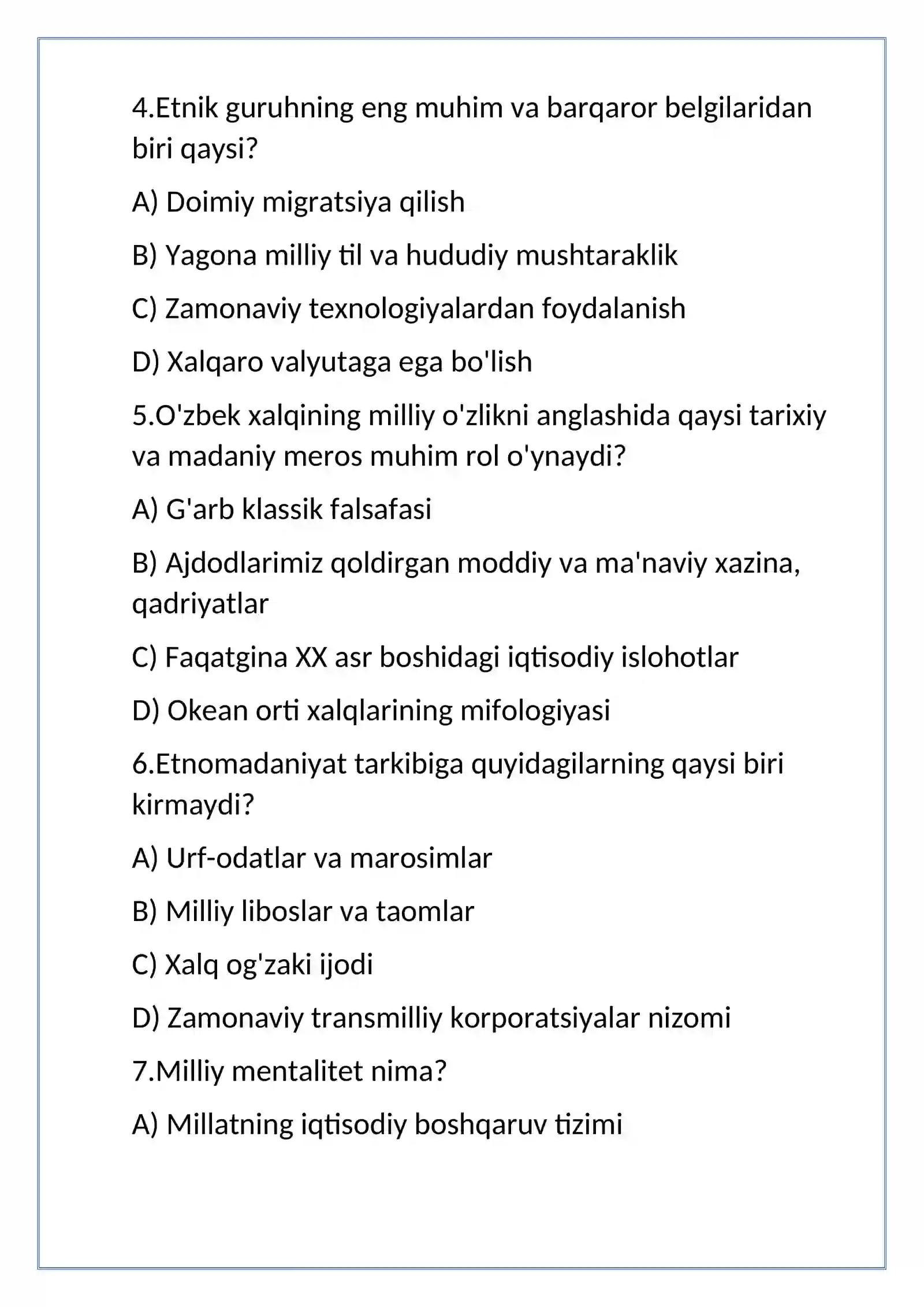 etnomadanyat mavzu yuzisidan test 2