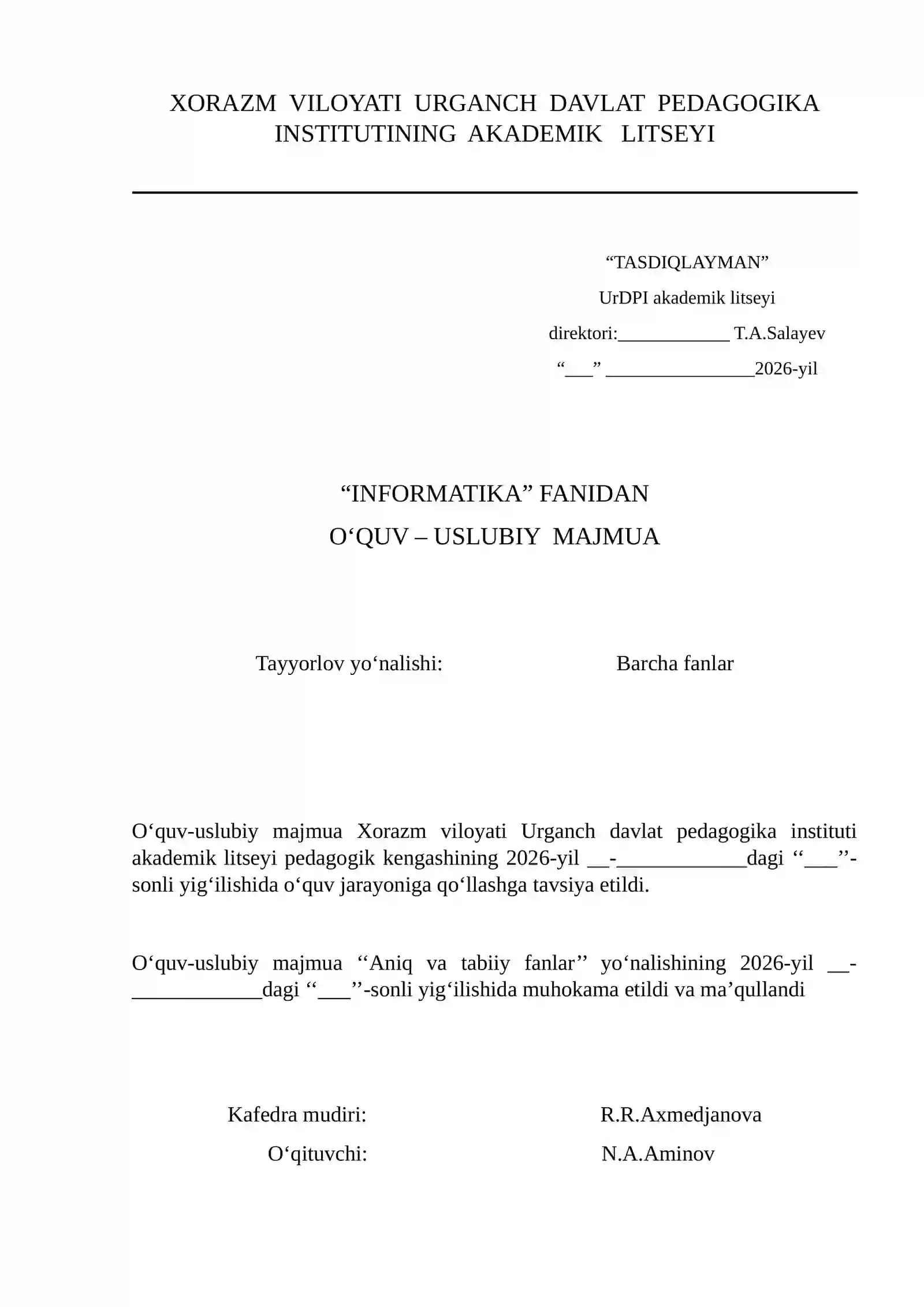 INFORMATIKA FANIDAN O‘QUV-USLUBIY MAJMUA 2