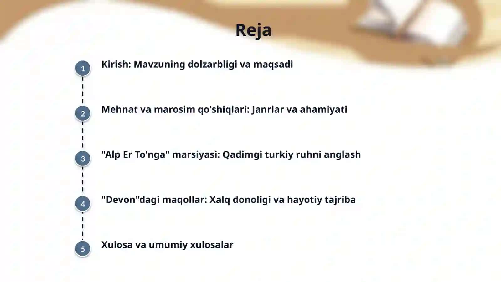 Mehnat va marosim qo’shiqlari.”Alp Er To’nga” marsiyasi.”Devon”dagi maqollar xalq donoligining ifodasi sifatida 2