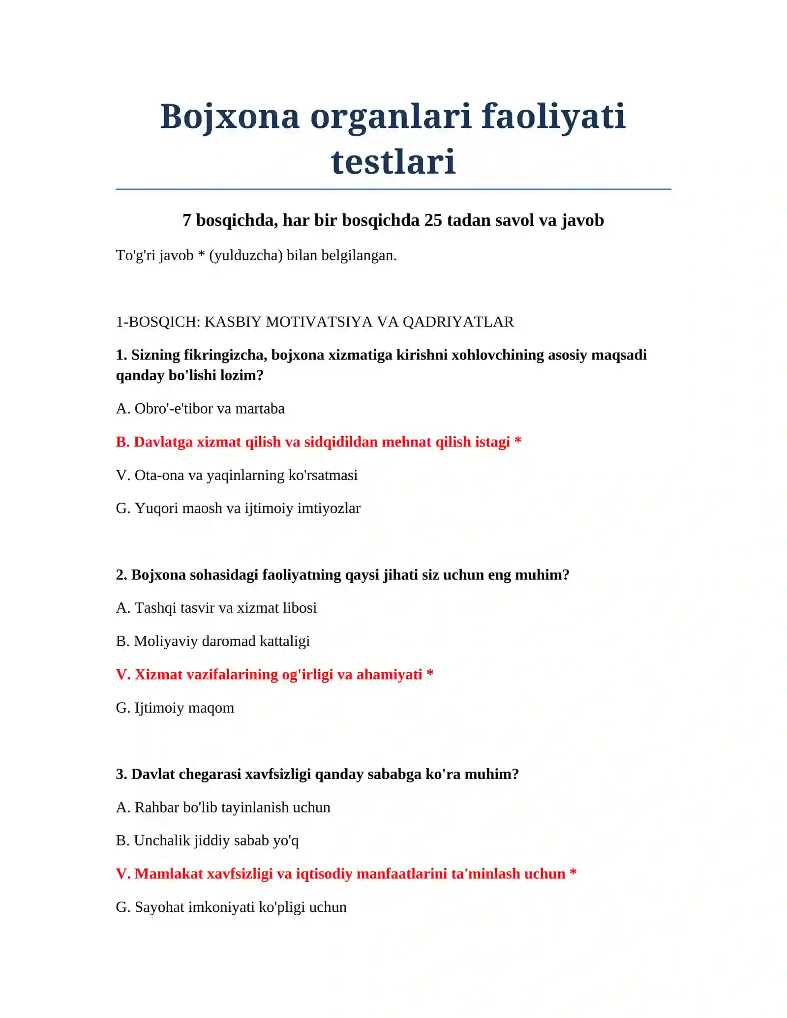 Bojxona organlari faoliyati testlari 2