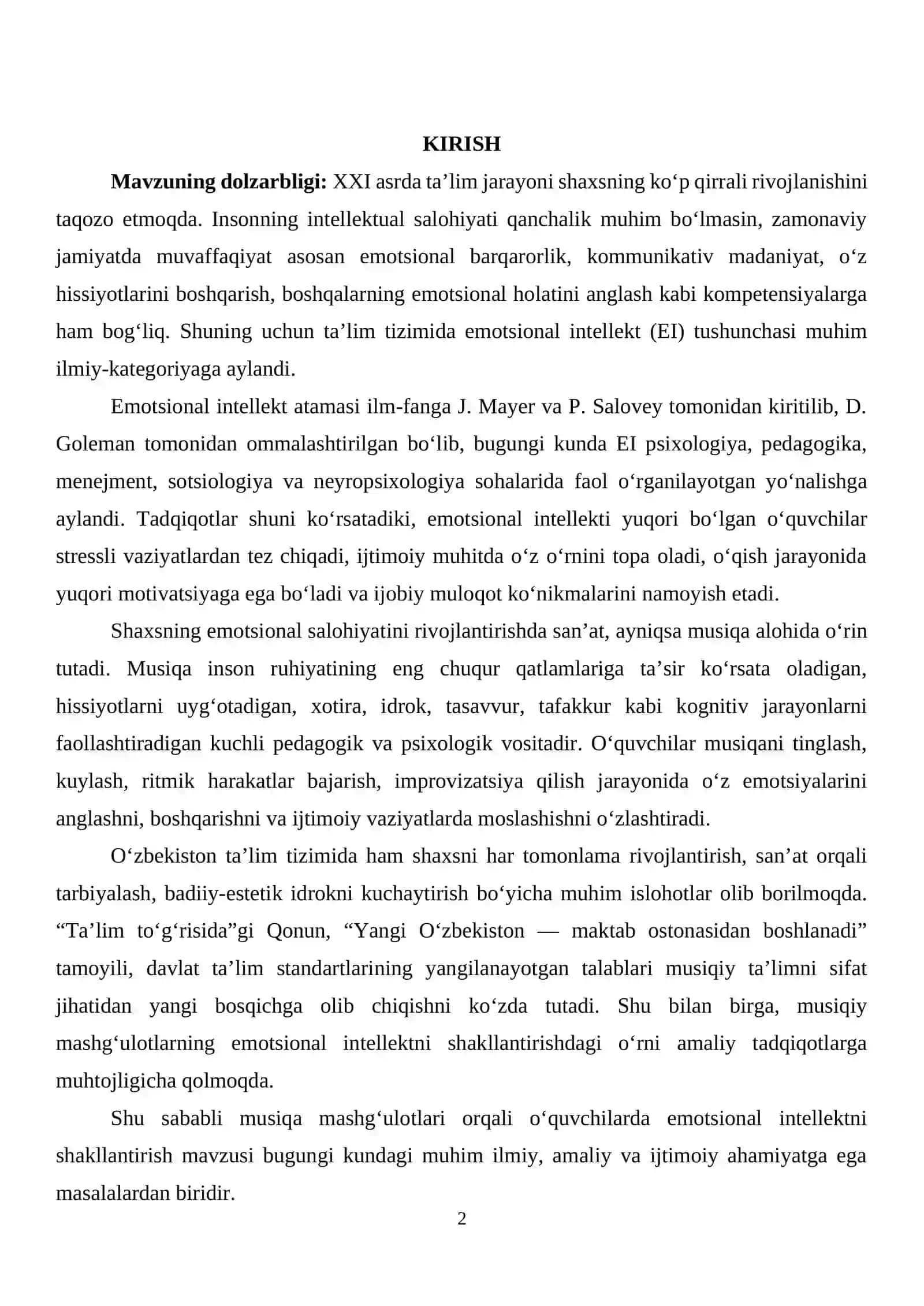 Musiqiy mashg`ulotlar orqali emotsional intellektni shakllantirish. 2