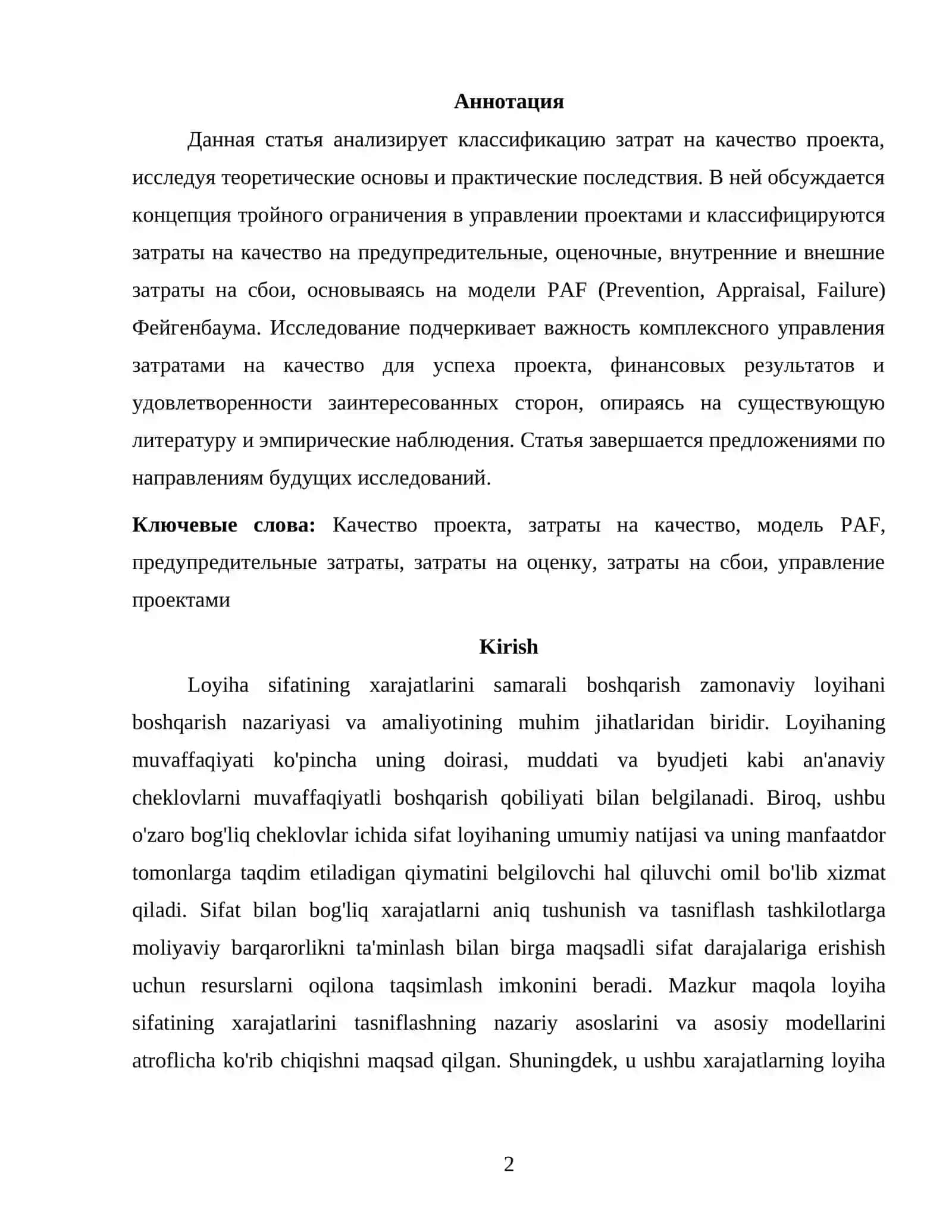Loyiha sifatining xarajatlarini tasniflash 2