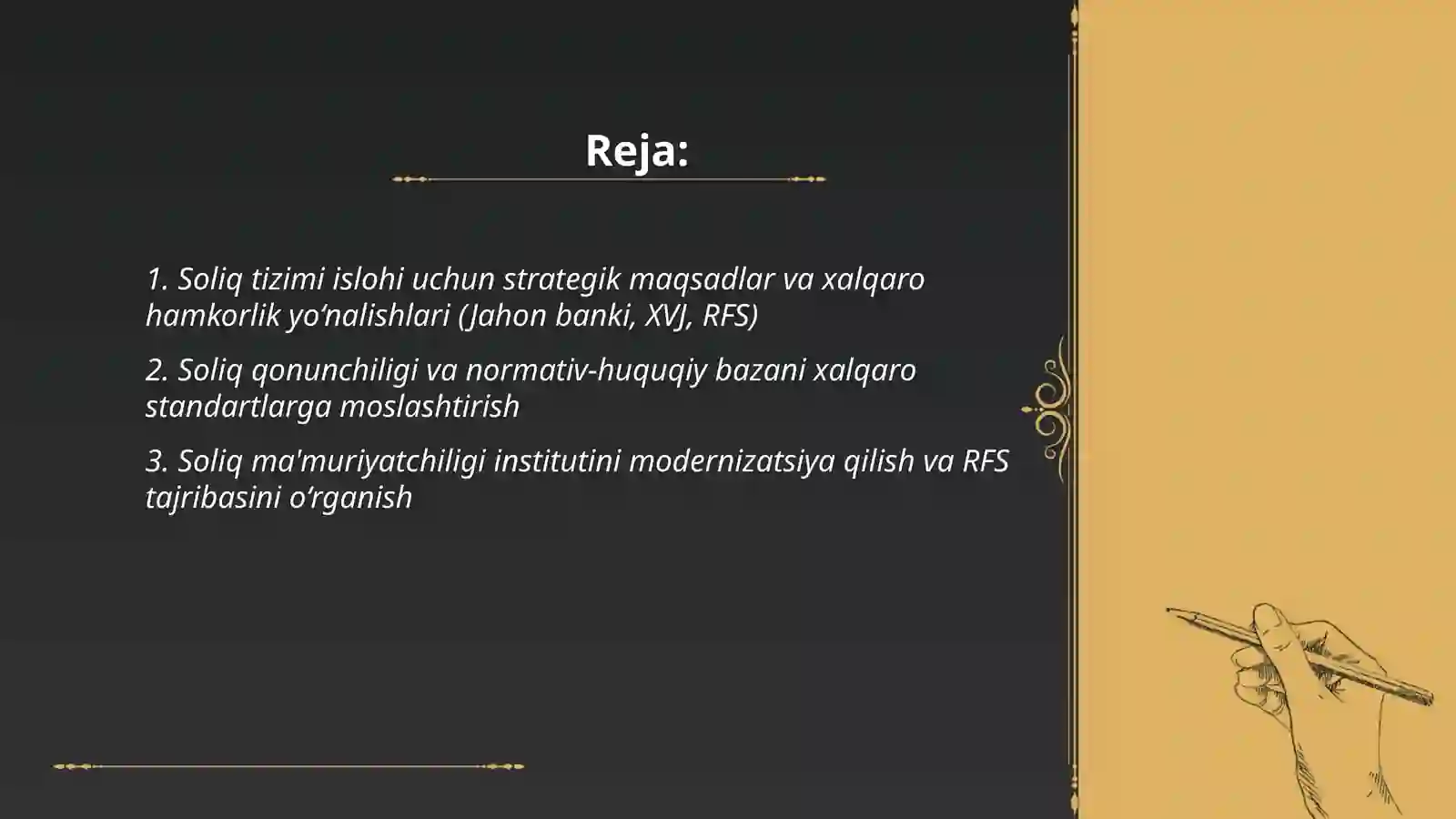O‘zbekiston Respublikasi Hukumatining soliq tizimi islohi yuzasidan Jahon banki bilan, Xalqaro valyuta jamg‘armasi bilan hamda Rossiya Federatsiyasi Federal soliq xizmati bilan o‘zaro hamkorligining maqsadi, vazifalari va yo‘nalishlari 2