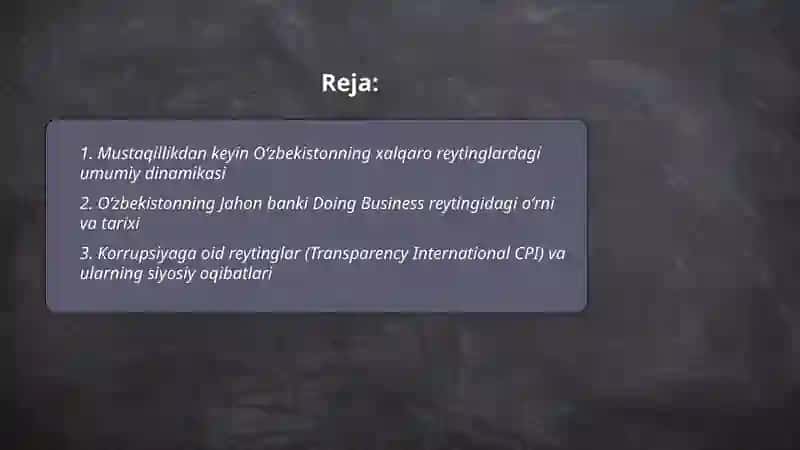 Oʻzbekiston xalqaro reytinglardagi koʻrsatish tarixi va siyosiy ahamyati 2