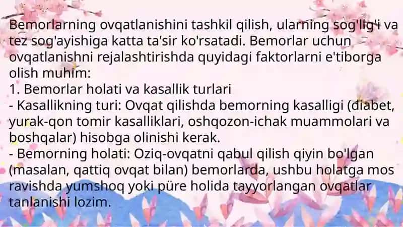 Bemorlarning ovqatlanishini tashkil qilish va uning g'iyenik nazorati 2