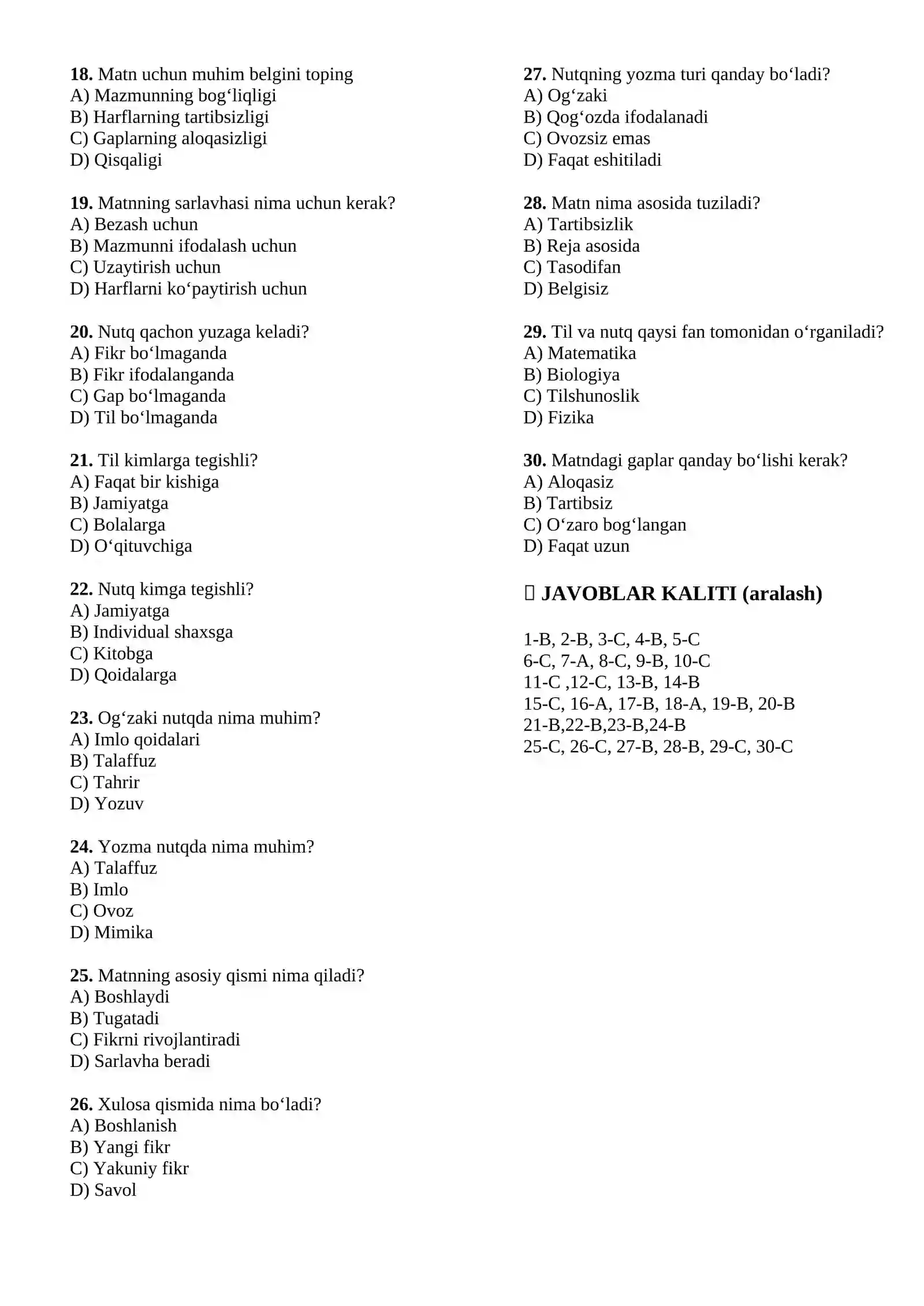 Til va Nutq Testlar 2