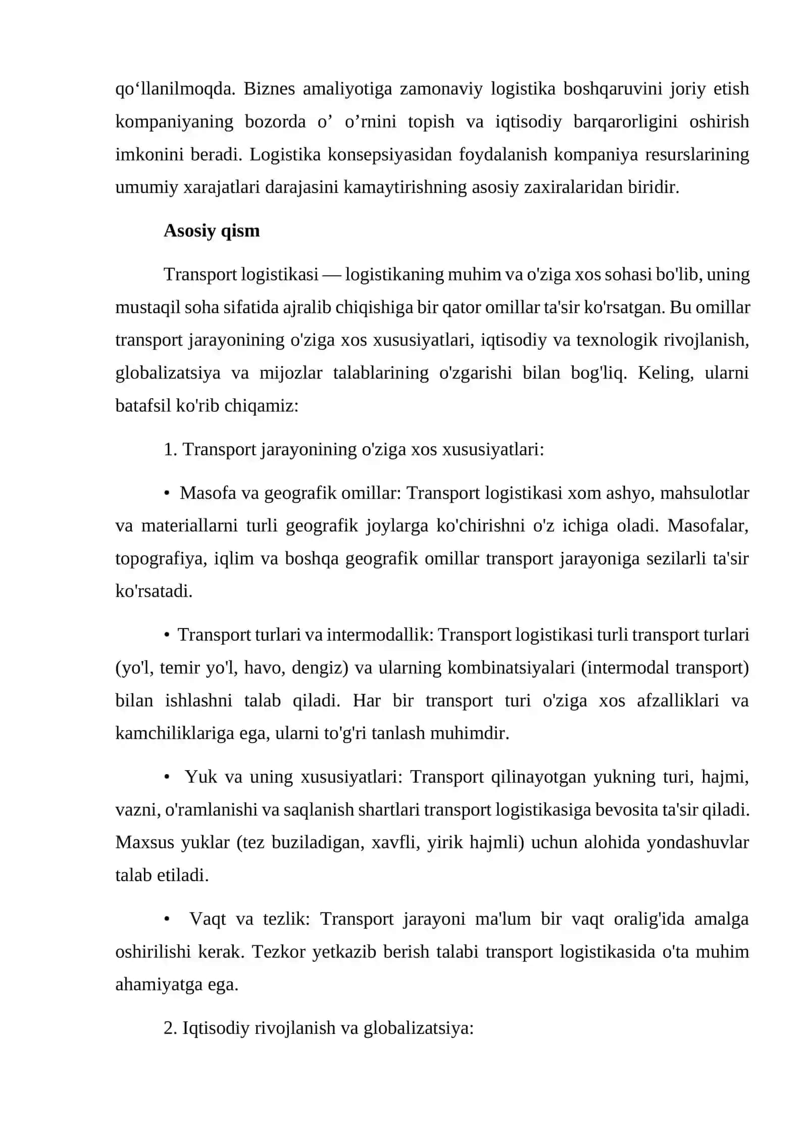 Transport logistikasida logistikaning mustaqil sohasi sifatida ajratuvchi omillar 2