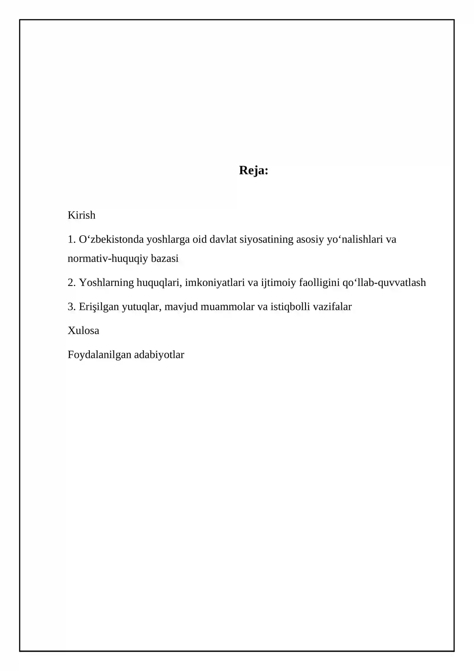 "O'zbekistonning yoshlarga oid davlat siyosati" mavzusida referat 2