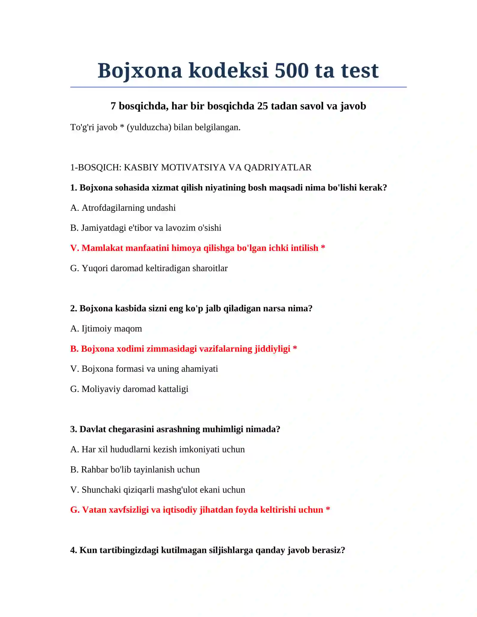 Bojxona Kodeksi 500 ta test 2