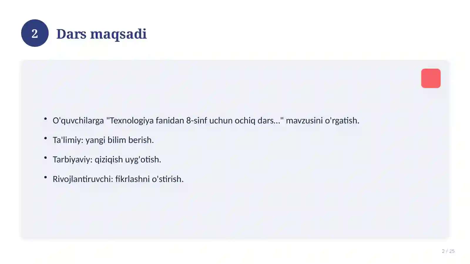 Texnologiya fanidan 8-sinf uchun ochiq dars ishlanmasi 2
