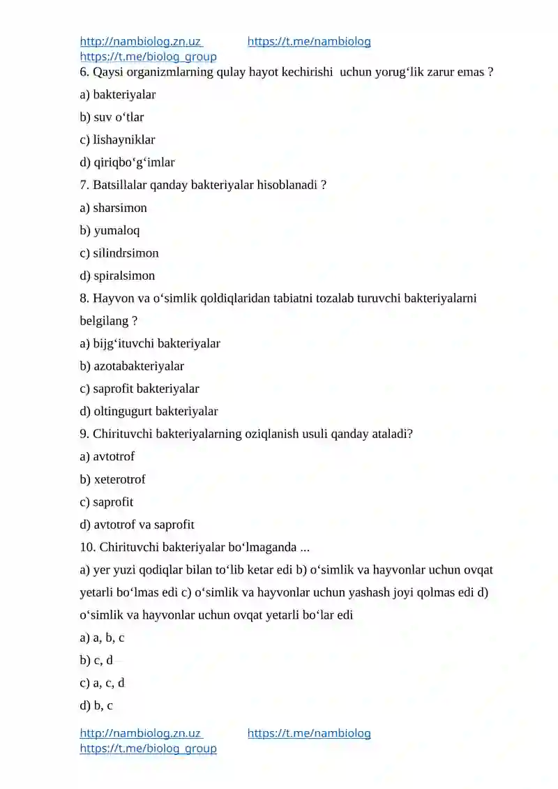 Biologiya test savollar to'plami 2