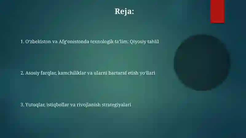 Afg'oniston va Uzbekistonda texnologik talim tizimi ularni farqlarni kamchiliklari yutuqlari 2