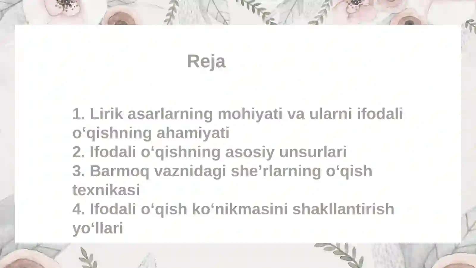 Lirik turdagi asarlarni ifodali òqish.Barmoq vaznidagi asarlarni òqish texnikasi 2