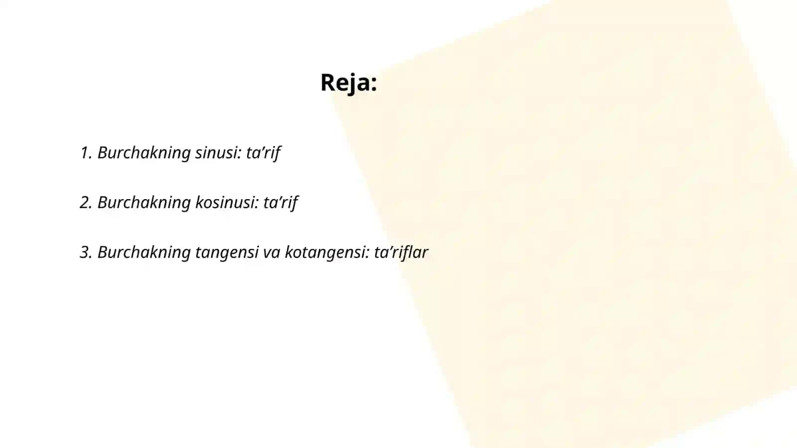 Burchakning sinusi, kosinusi, tangensi va kotangensi nomli mavzu 2