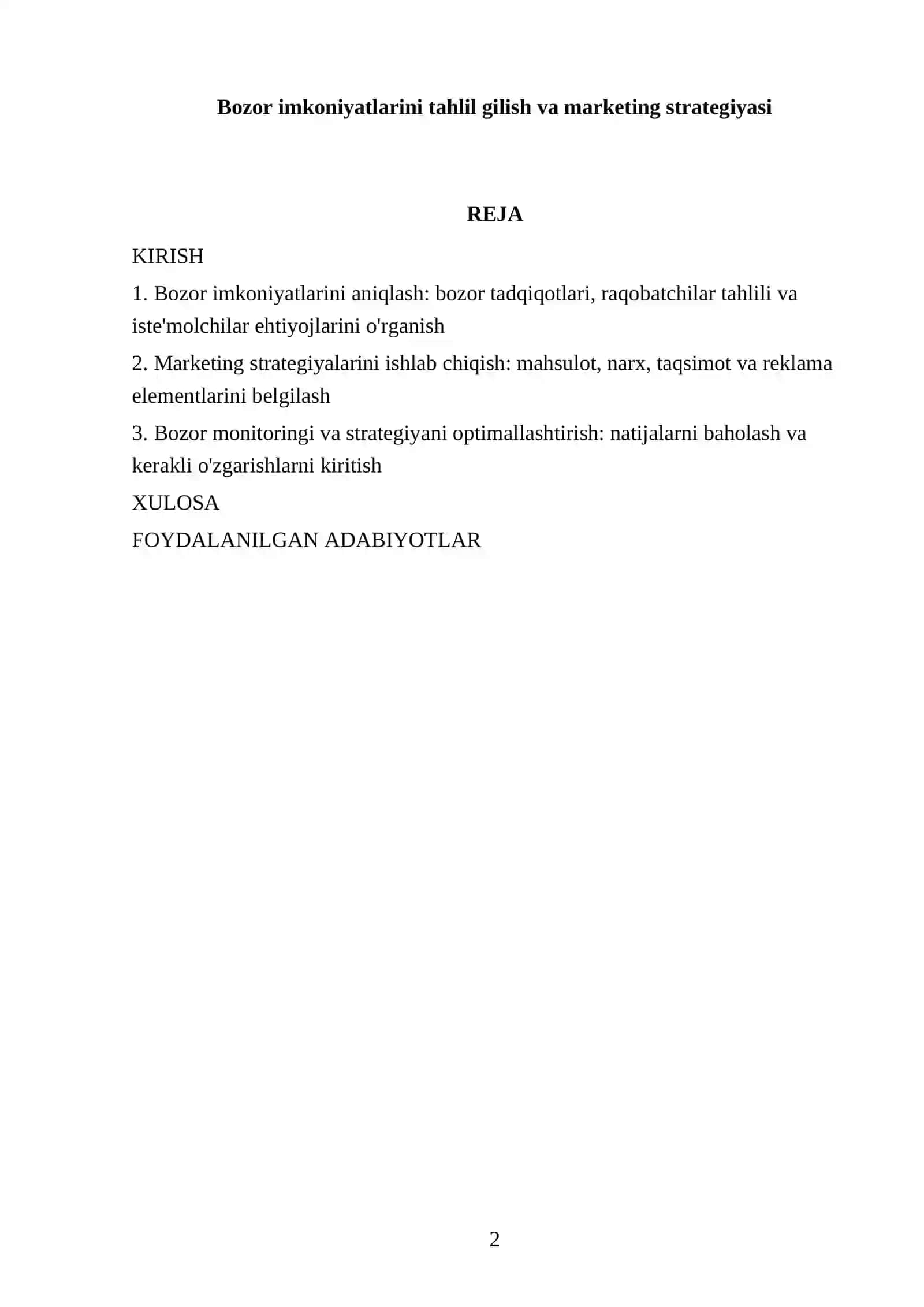 Bozor imkoniyatlarini tahlil gilish va marketing strategiyasi 2