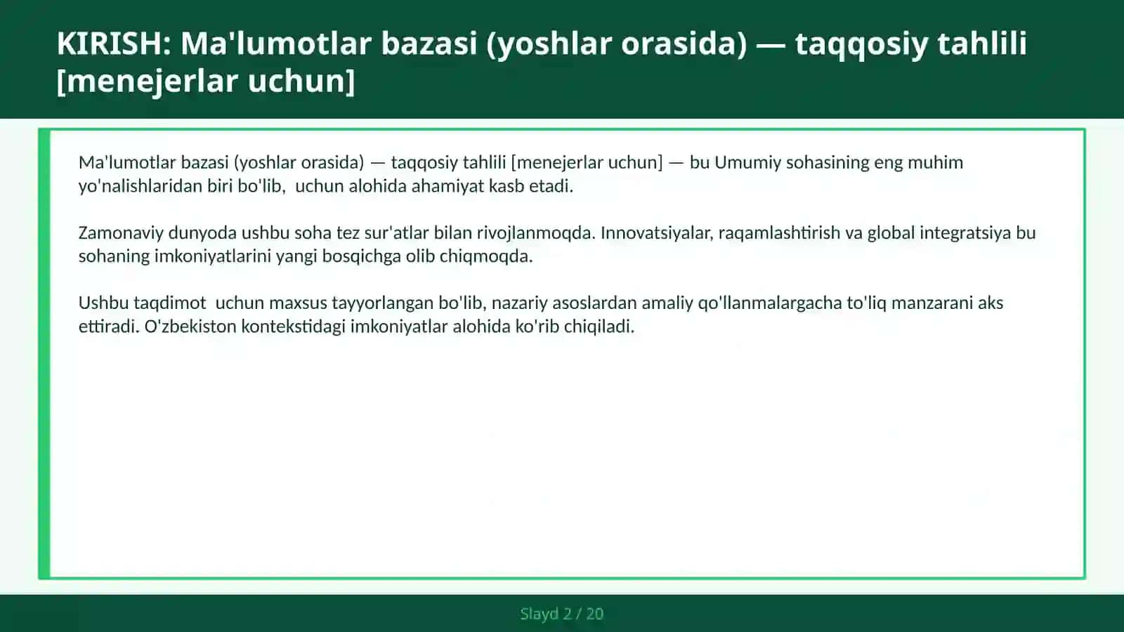 MA'LUMOTLAR BAZASI (YOSHLAR ORASIDA) — TAQQOSIY TAHLILI [MENEJERLAR UCHUN] 2