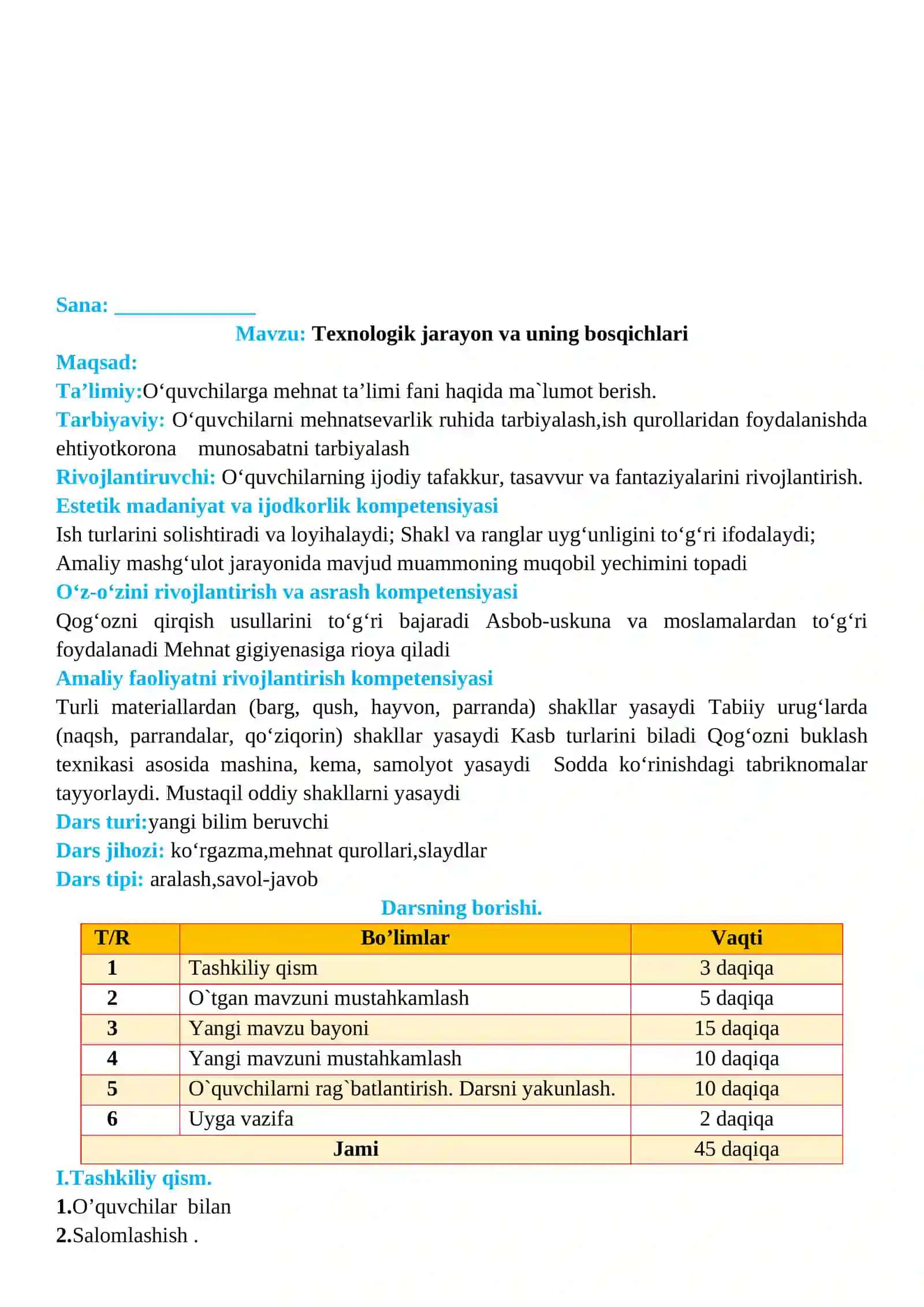 2-sinf Texnologiya fanidan Texnologik jarayon va uning bosqichlari mavzusida dars ishlanma 2