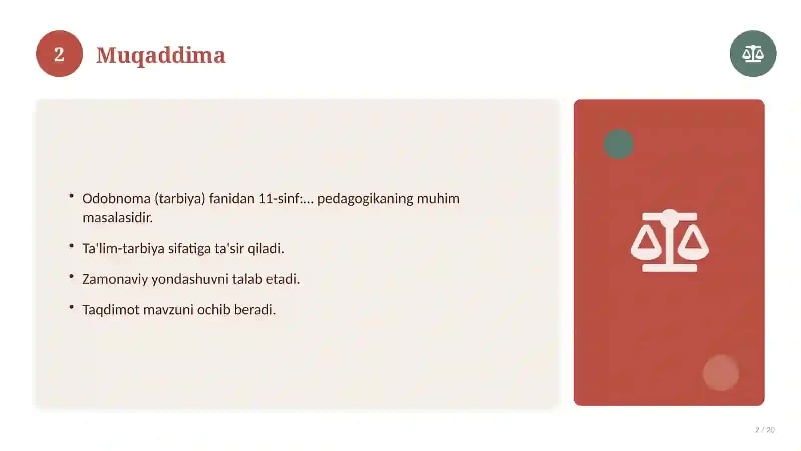 Odobnoma (tarbiya) fanidan 11-sinf: kalendar-mavzuiy reja 2