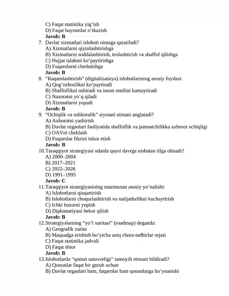 Oʻzbekistonning eng yangi tarixi fanidan 10-test 2
