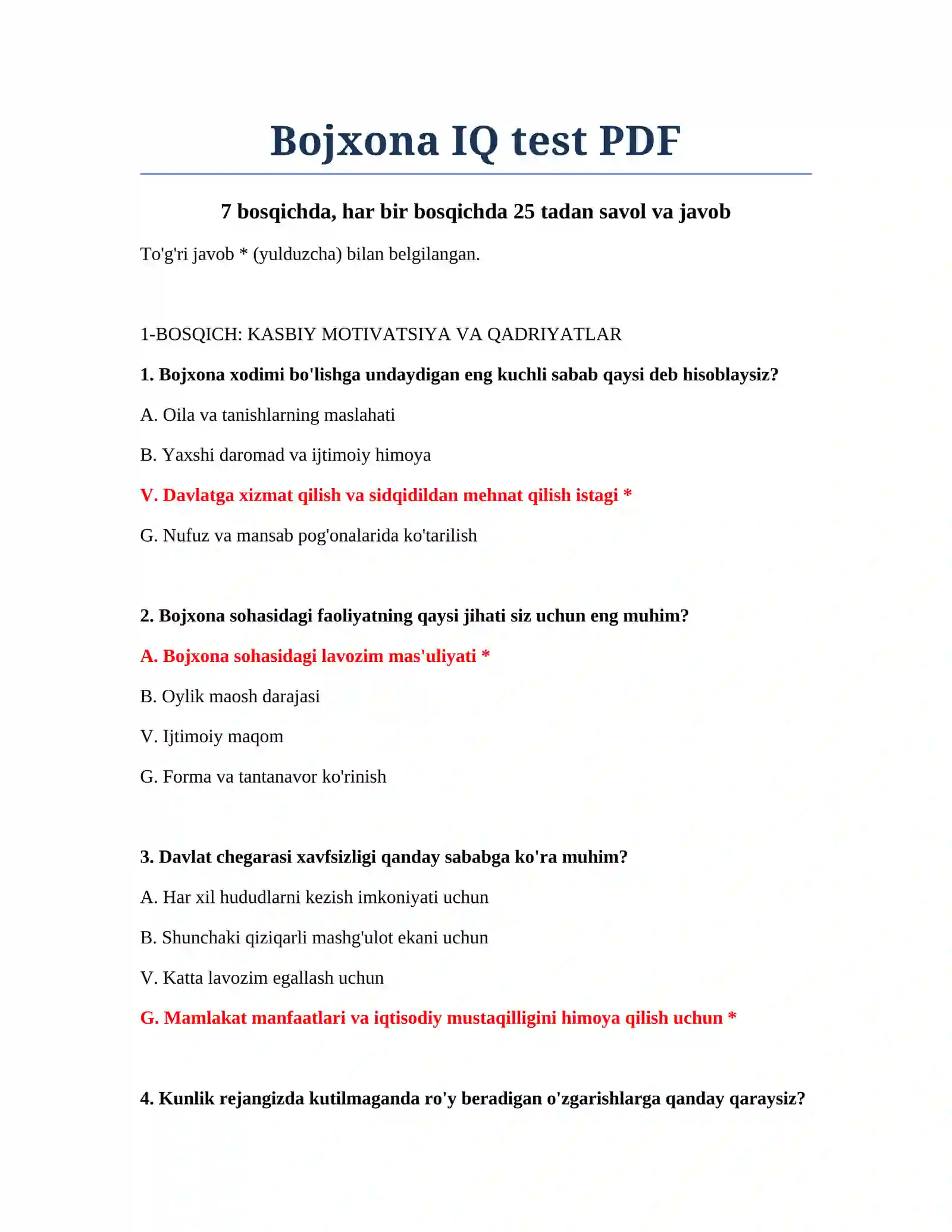 Bojxona IQ test PDF 2