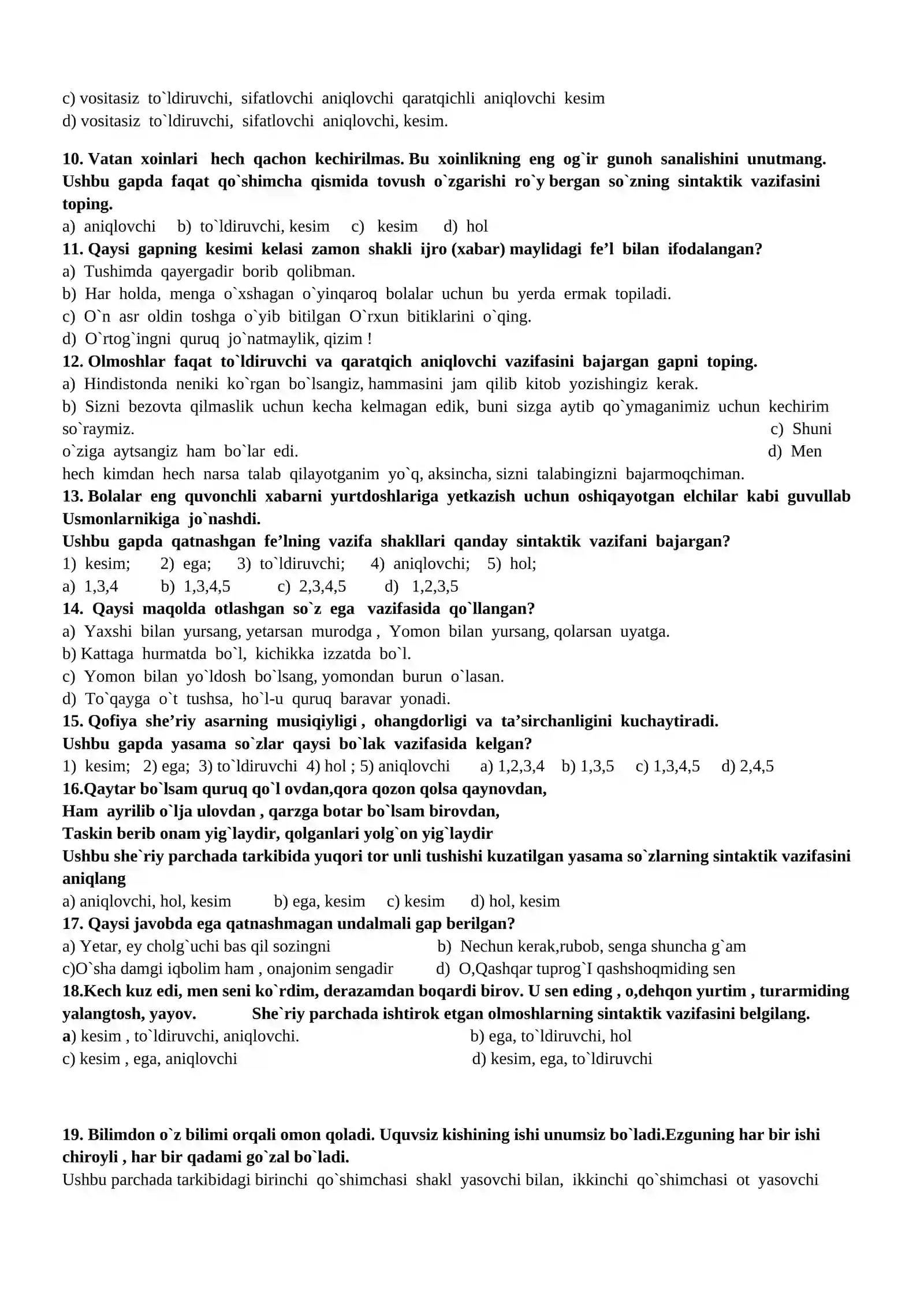 Gap bo`laklari yuzasidan test savollari 2
