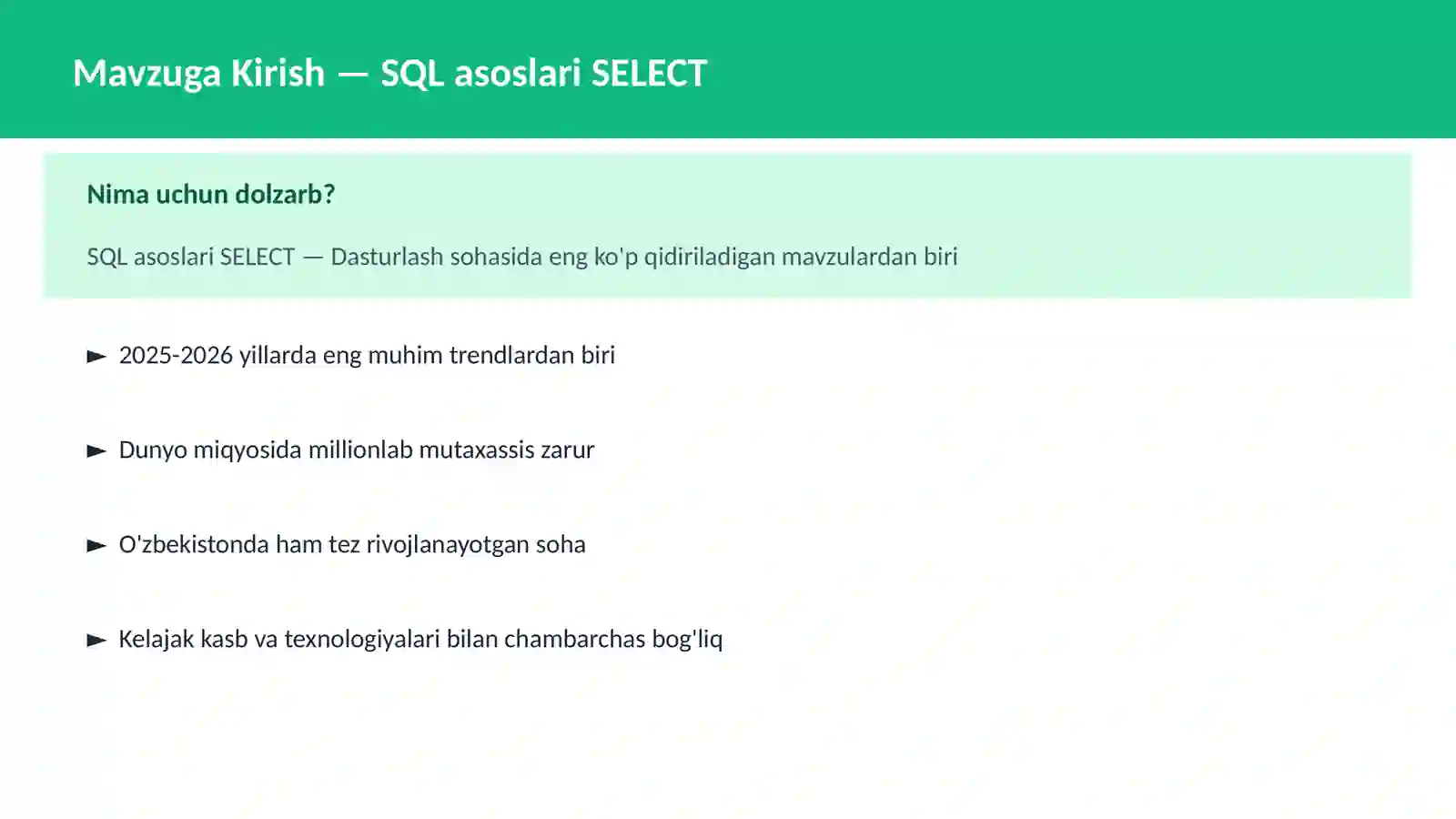 SQL asoslari SELECT 2