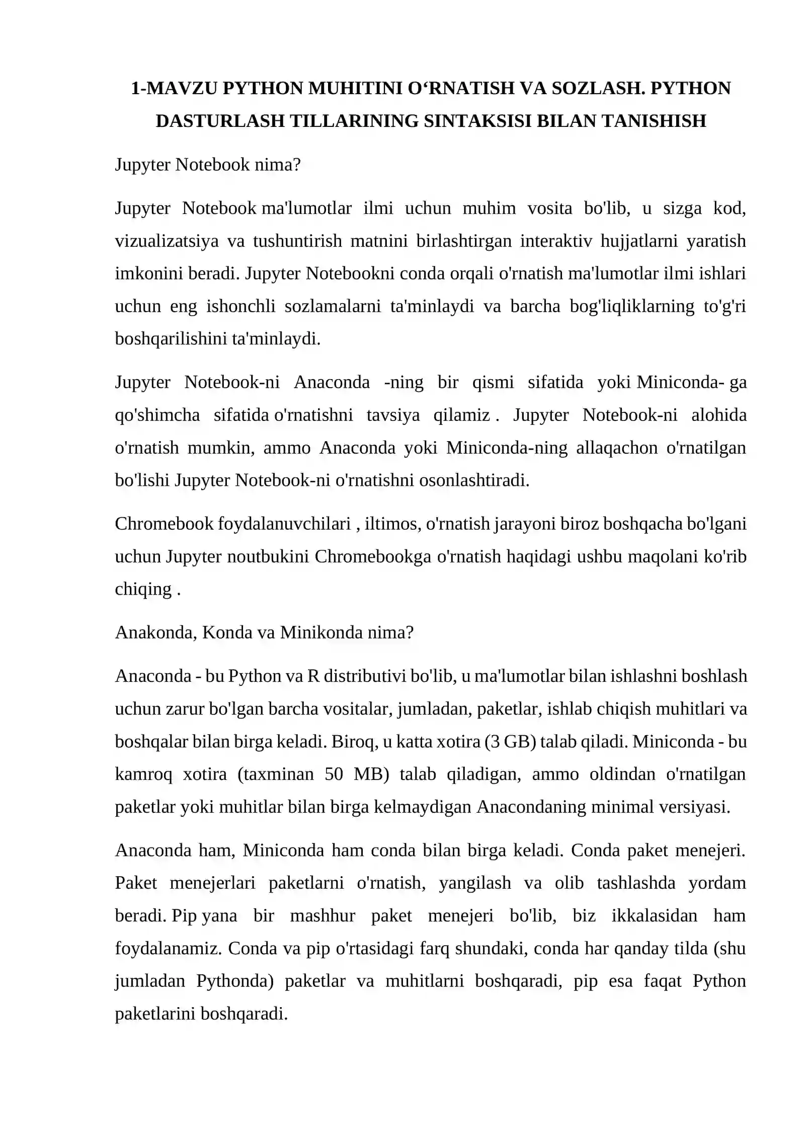 PYTHON MUHITINI O‘RNATISH VA SOZLASH. PYTHON DASTURLASH TILLARINING SINTAKSISI BILAN TANISHISH 2