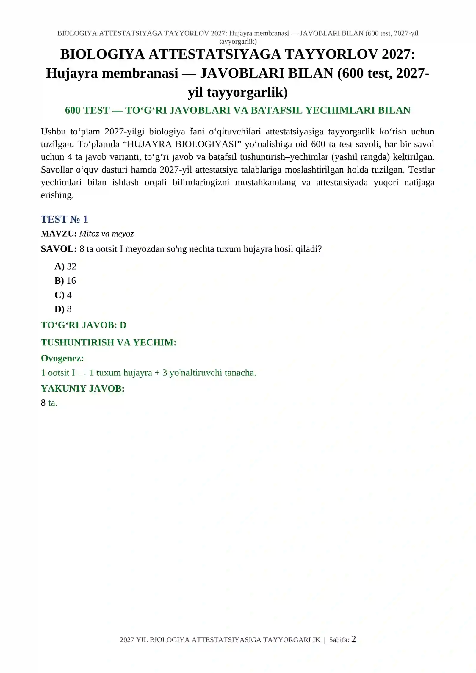 BIOLOGIYA ATTESTATSIYAGA TAYYORLOV 2027: Hujayra membranasi — JAVOBLARI BILAN (600 test, 2027-yil tayyorgarlik) 2