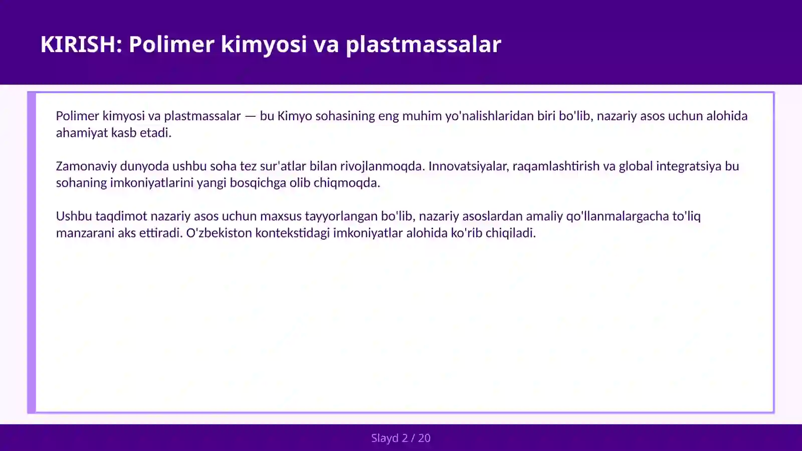 POLIMER KIMYOSI VA PLASTMASSALAR 2