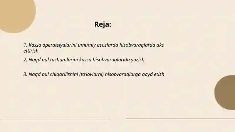 Kassa muomalalarini hisobvaraqlar va hisob registrlarida aks ettirish 2