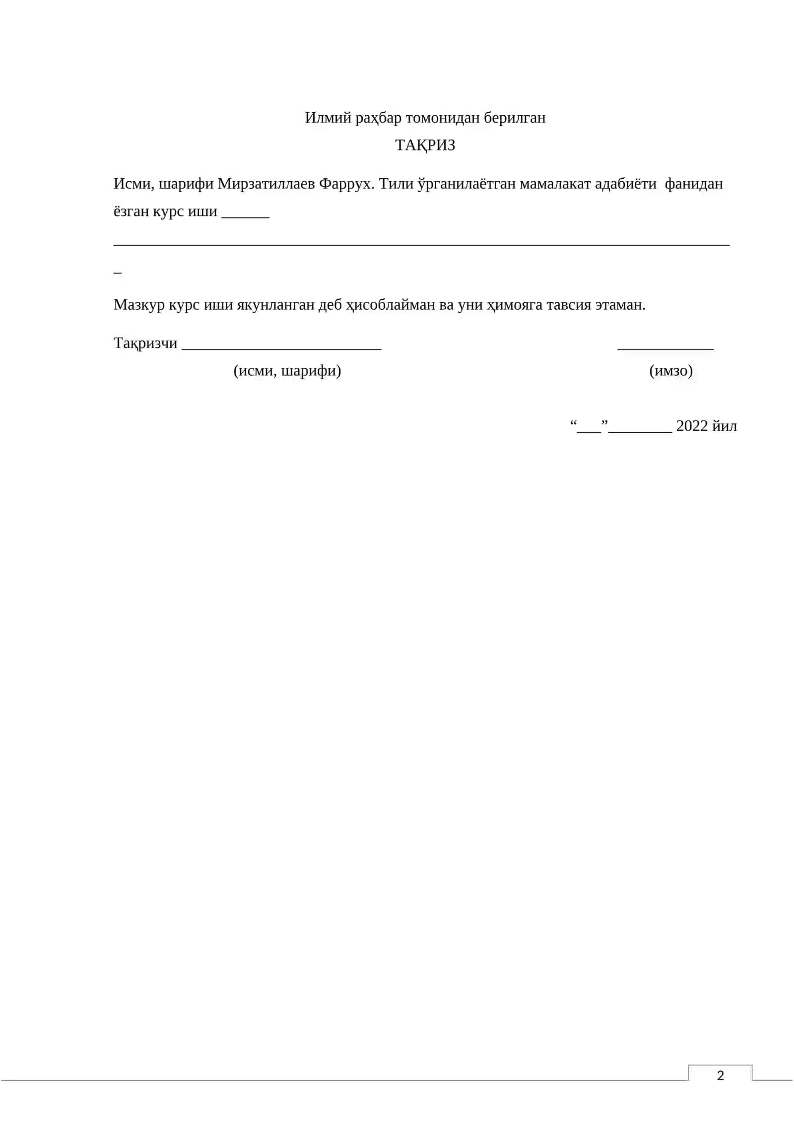 KURS (ishi) LOYIHASI 2