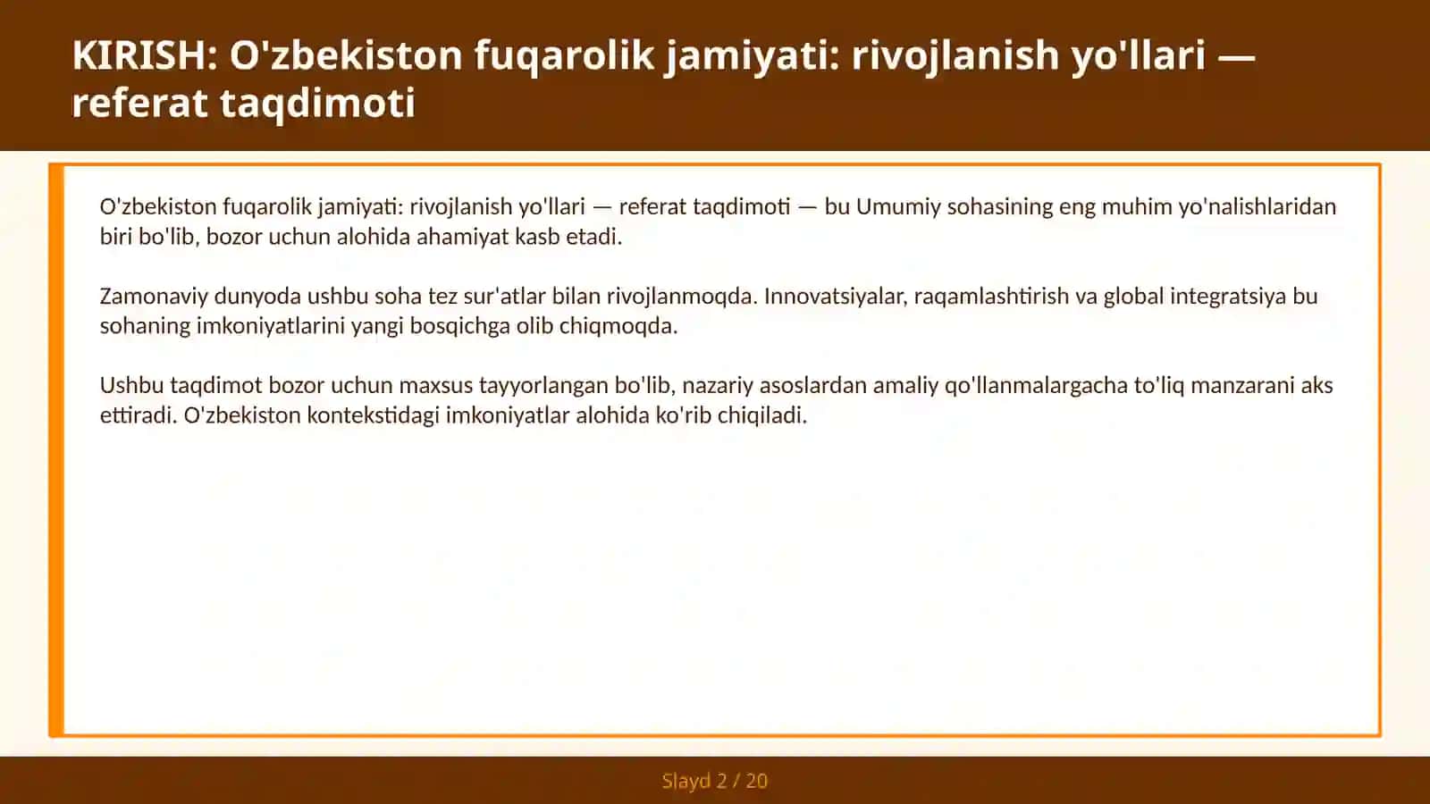 O'zbekiston fuqarolik jamiyati: rivojlanish yo'llari — referat taqdimoti 2