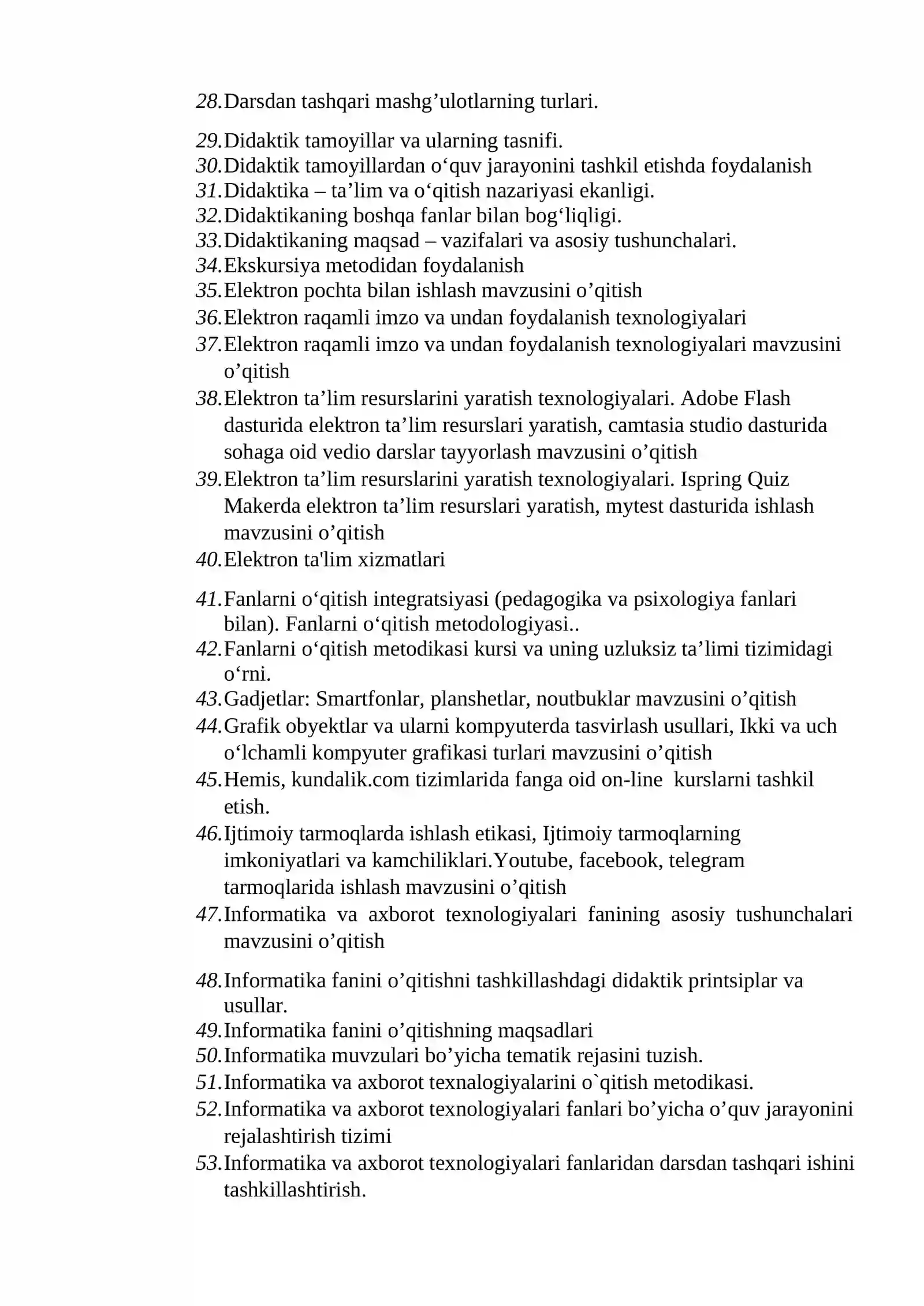 Informatika va axborot texnologiyalarini o’qitish metodikasining nazariy va amaliy asoslari fanidan yakuniy nazorat savollari 2