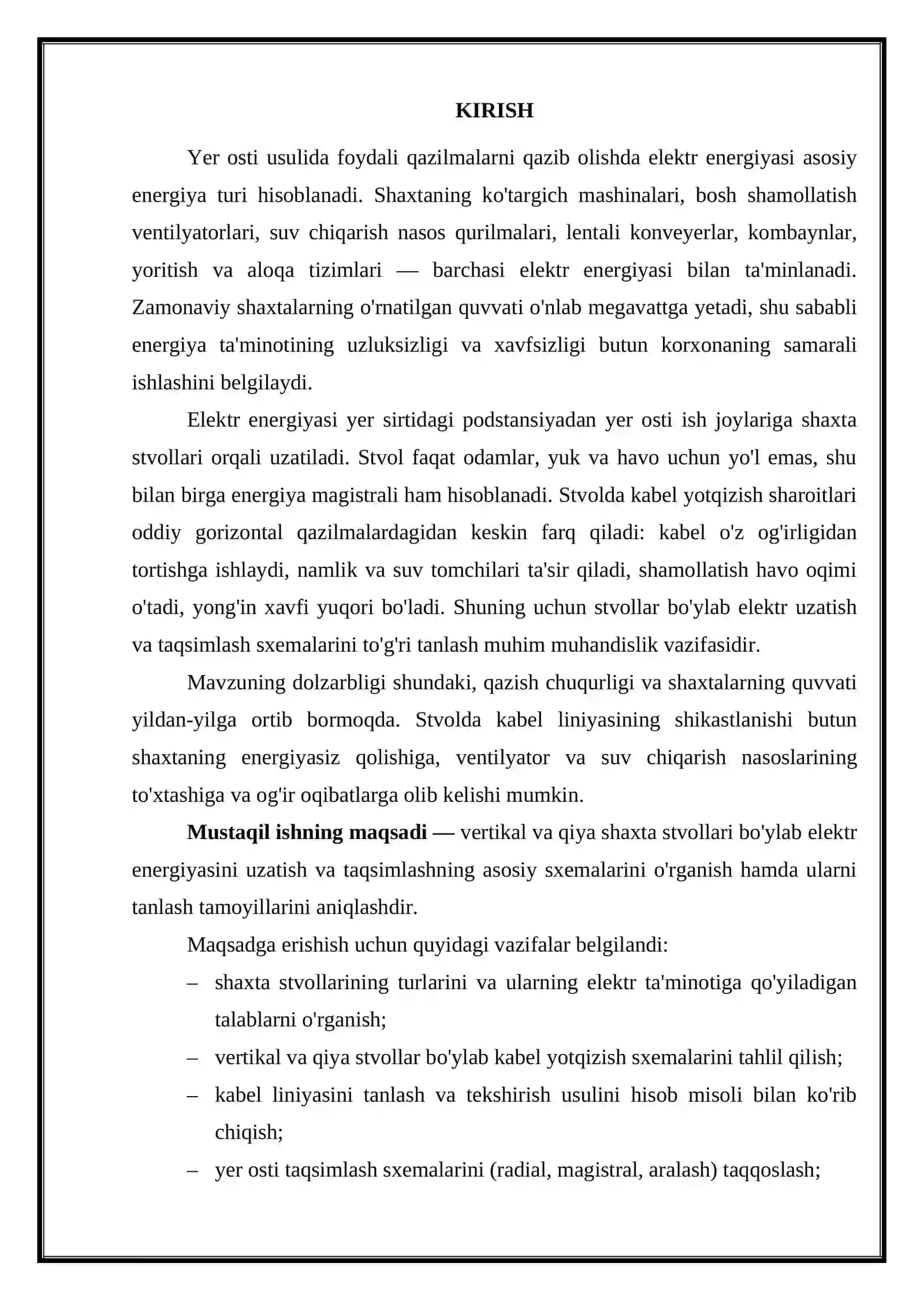 VERTIKAL VA QIYA SHAXTA STVOLLARI BO'YLAB ELEKTR ENERGIYASINI UZATISH VA TAQSIMLASH SXEMALARI 2