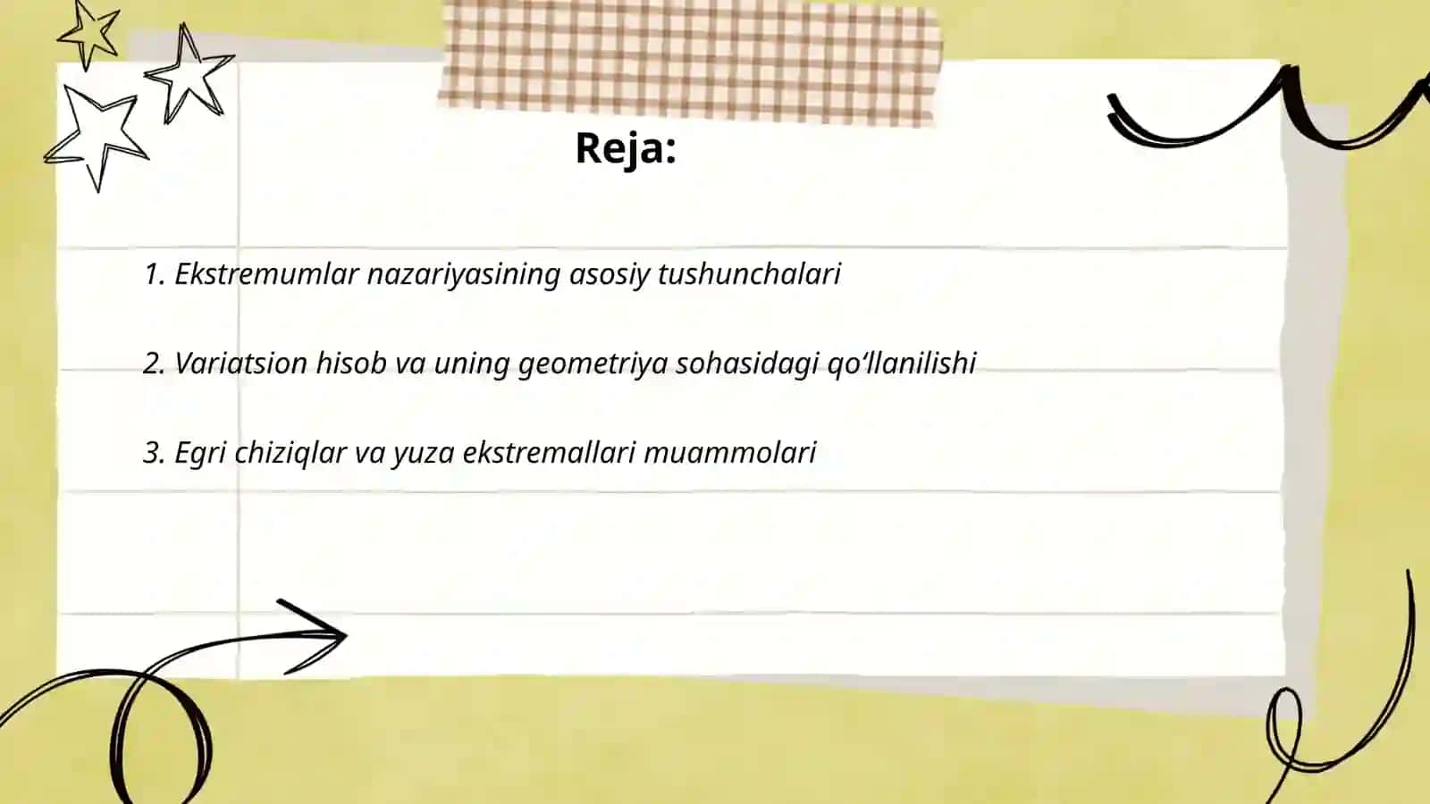 Ekstremumlar nazaryasining geometriya,mehanika va fizika masalalariga tadbiqlari 2