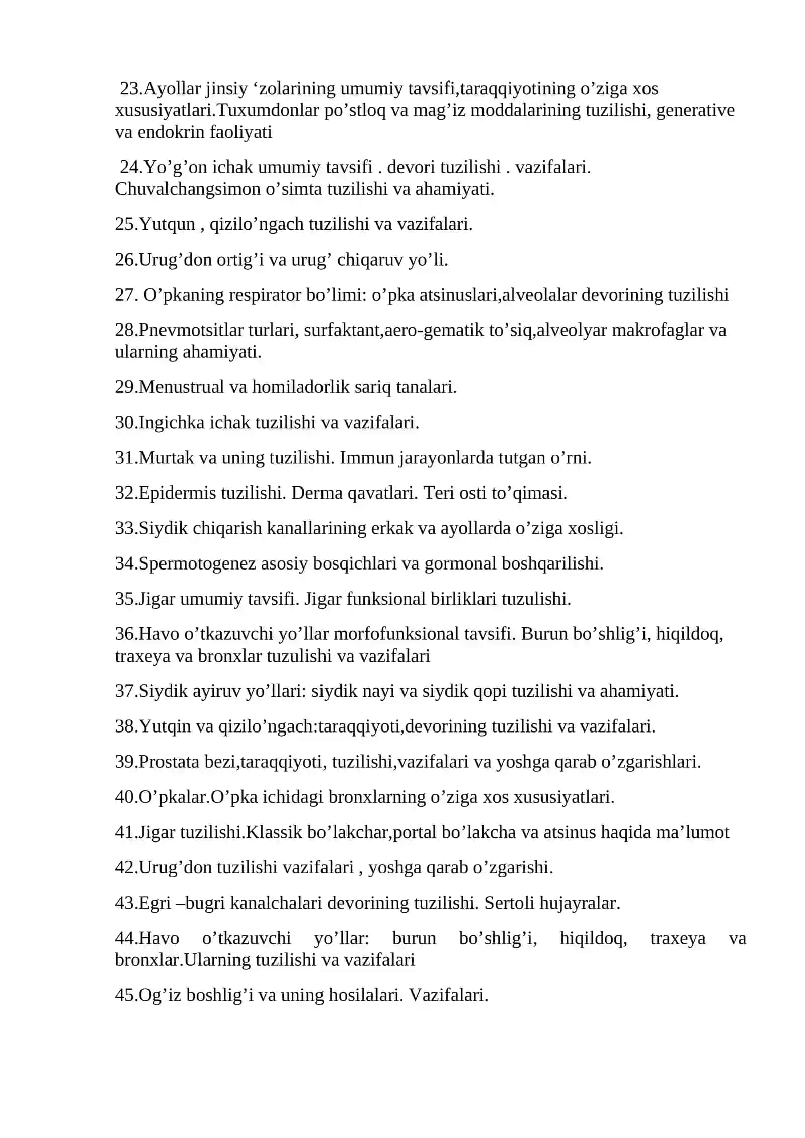 Gistalogiya,sitologiya va embriologiya fanidan yakuniy nazorat savollari 2