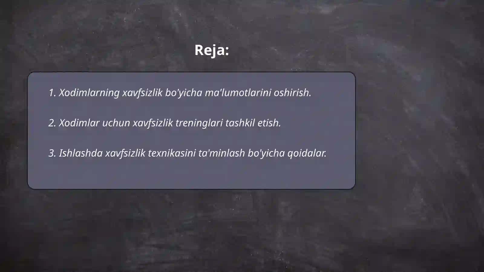 Xodimlarning xavfsiz faoliyatini tashkil qilish chora-tadbirlari 2