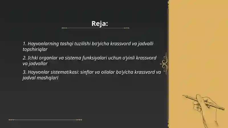 Zoologiya fani boʻyicha oʻyinli mashqlar krassvord va jadvalli topshiriqlar tayyorlash 2