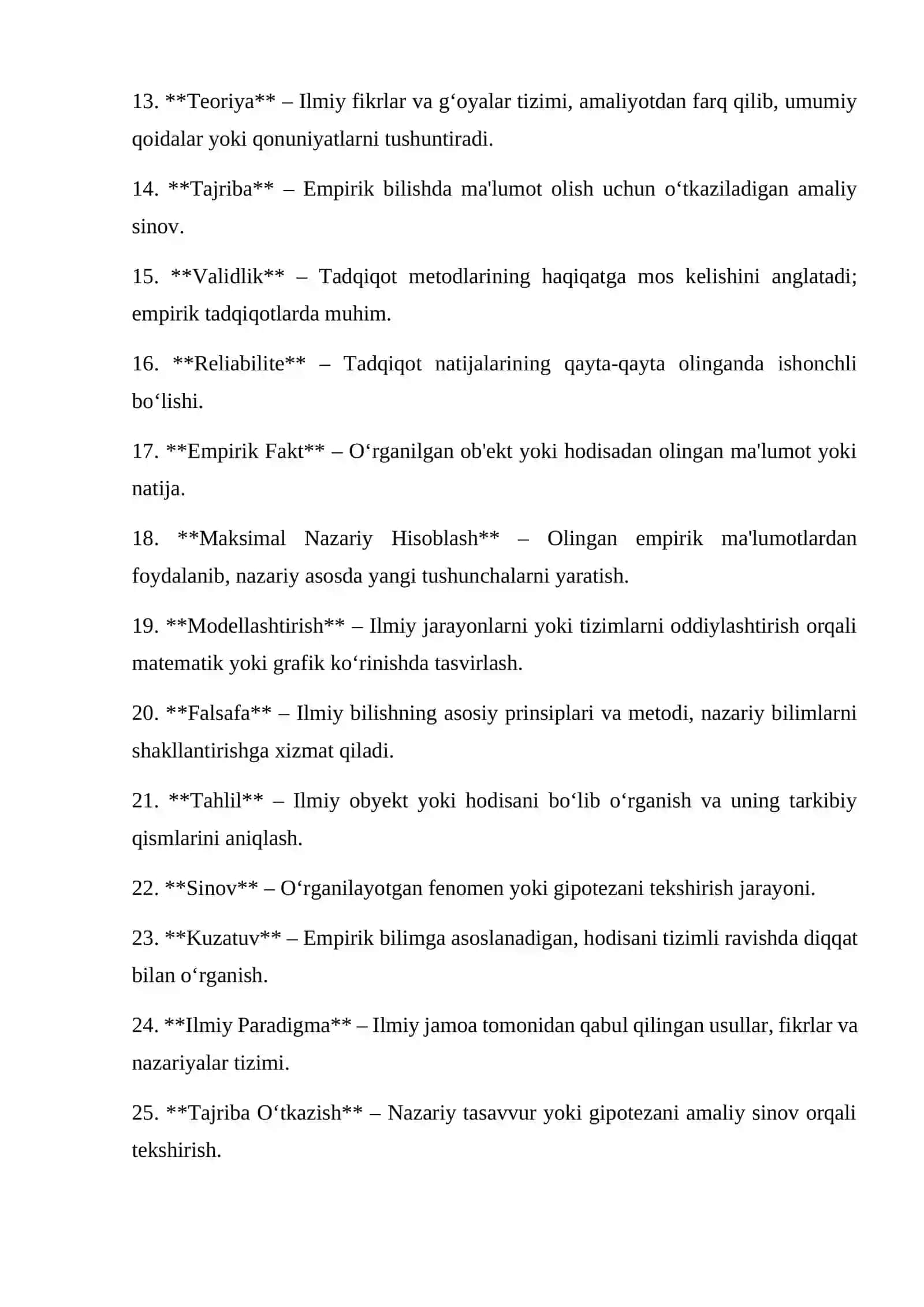 Ilmiy Bilish Darajalari, Empirik va Nazariy Bilish: Glossariy 2