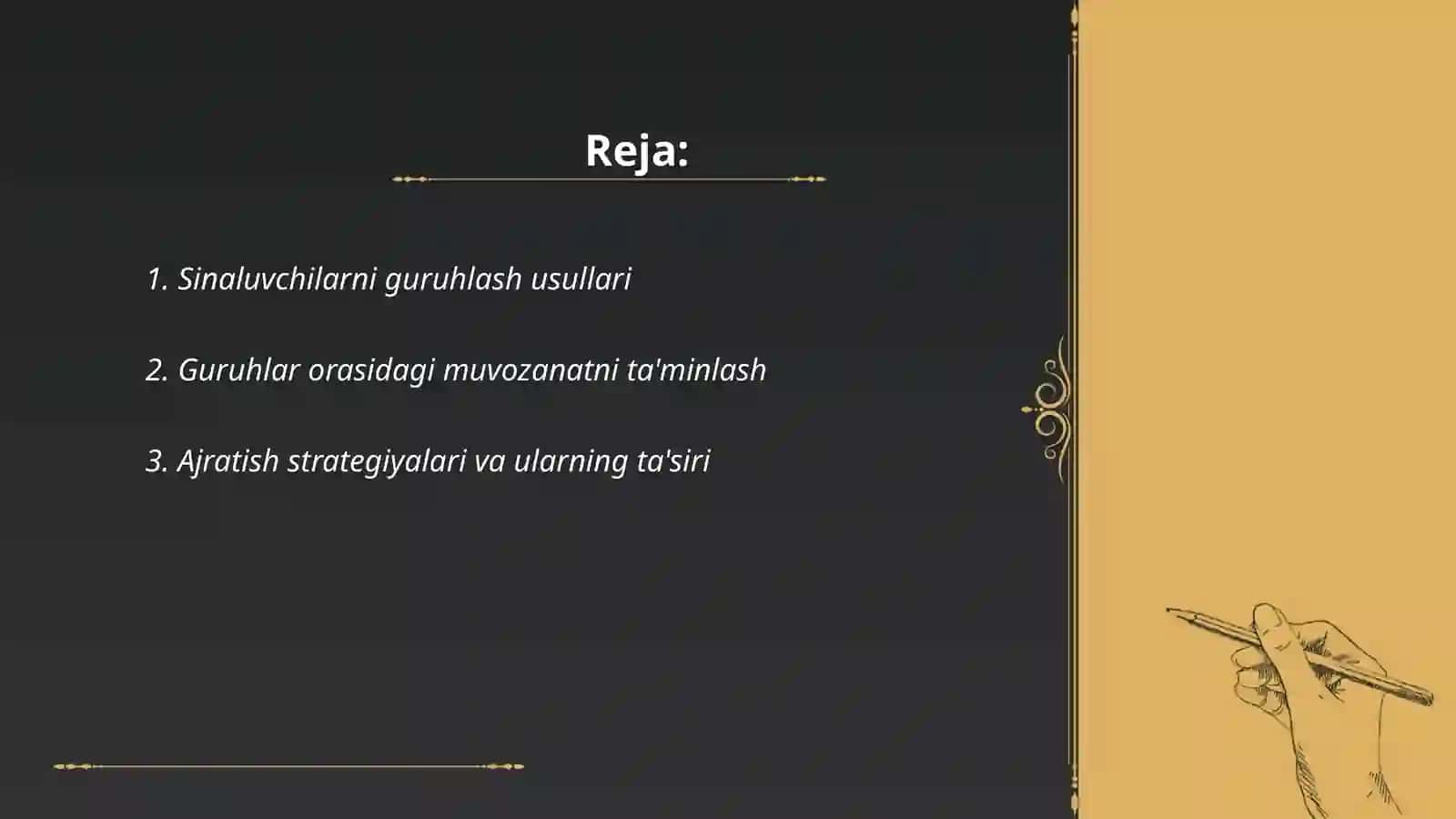 Sinaluvchilarni guruhlarga tanlash va ajratish strategiyasi 2