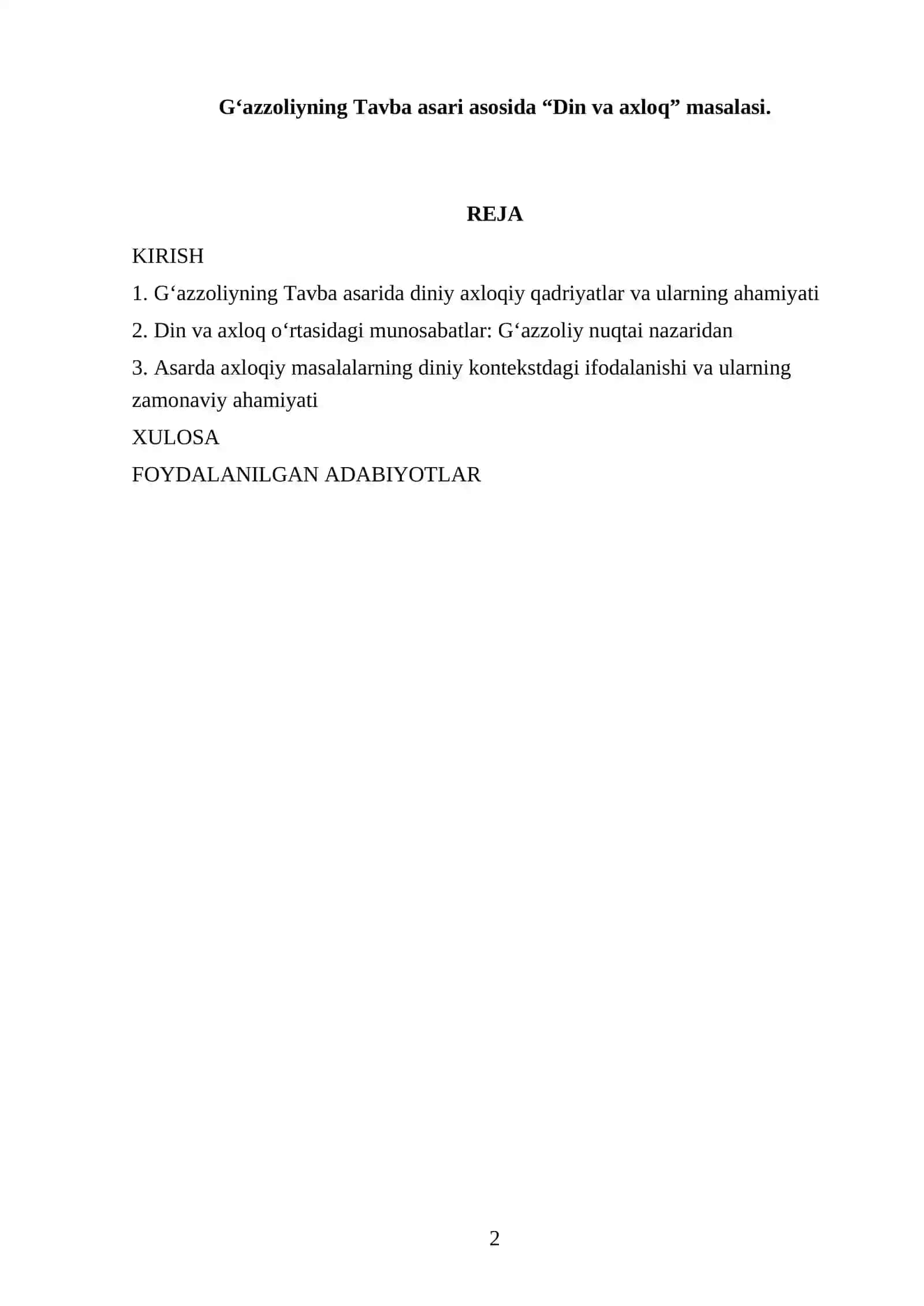 G‘azzoliyning Tavba asari asosida “Din va axloq” masalasi 2